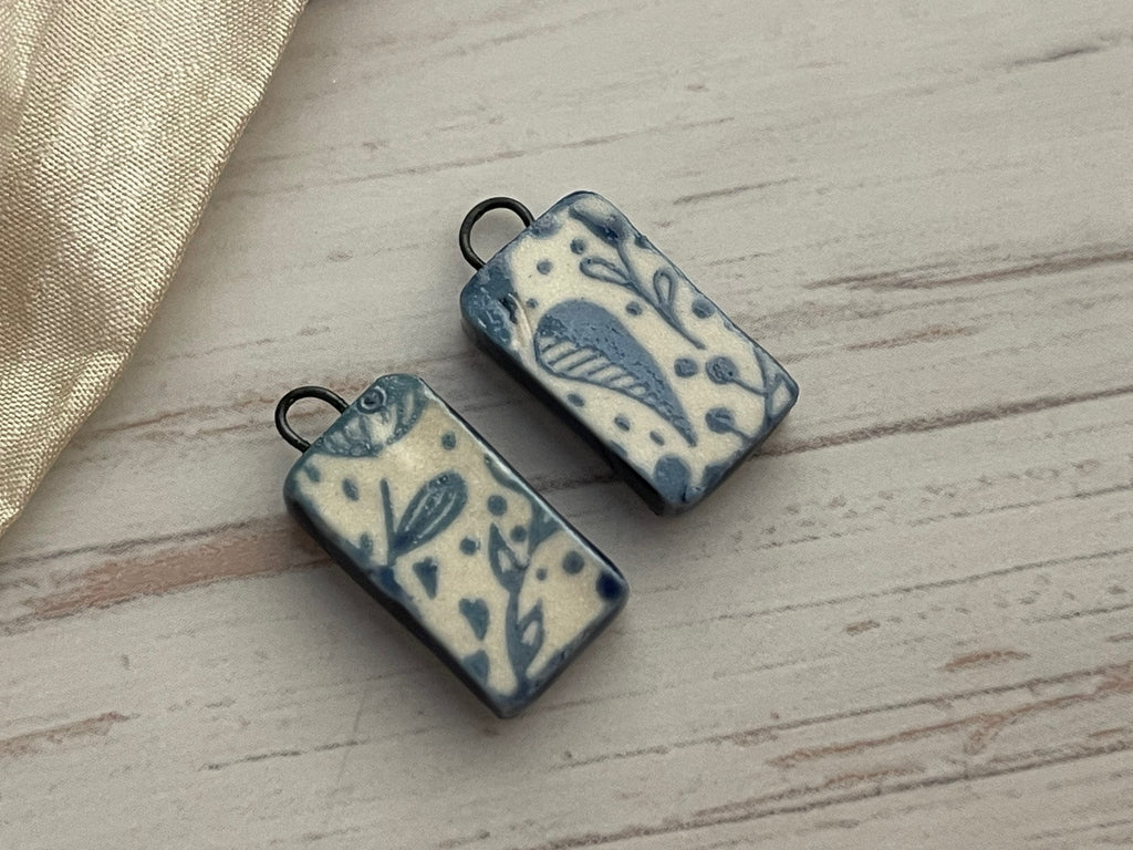Blue and White Leaf Earring Beads, Blue Earring Bead Pair, Porcelain Ceramic Charms, Jewelry Making Components, Beading Handmade