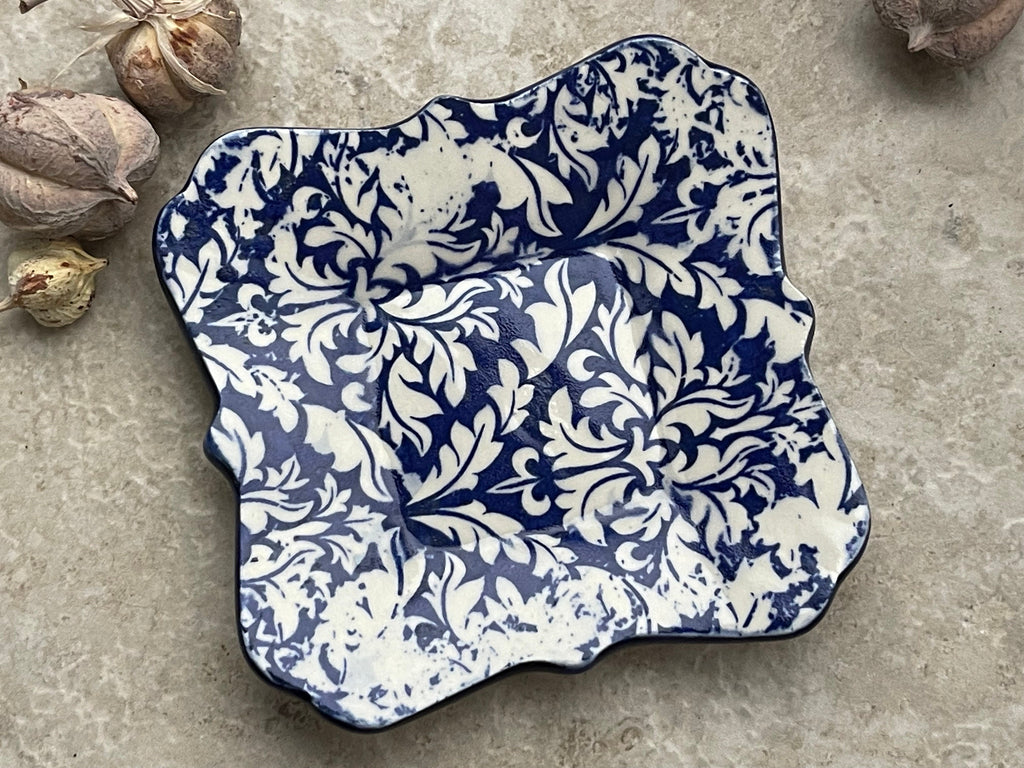 Distressed Damask Dish, Womens Jewelry Storage, Blue Ring Dish, Contemporary Trinket Tray, Porcelain Tray