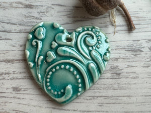 Hearts and Butterflies, Turquoise Heart Pendant, Porcelain Ceramic Pendant, Artisan Pendant, Jewelry Making Components