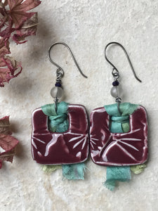 Burgundy Ginkgo Square Earrings, Handmade Earrings with Glass Beads