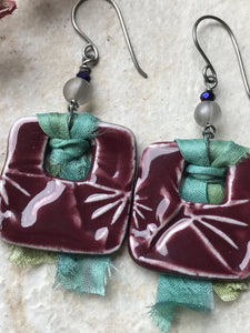 Burgundy Ginkgo Square Earrings, Handmade Earrings with Glass Beads