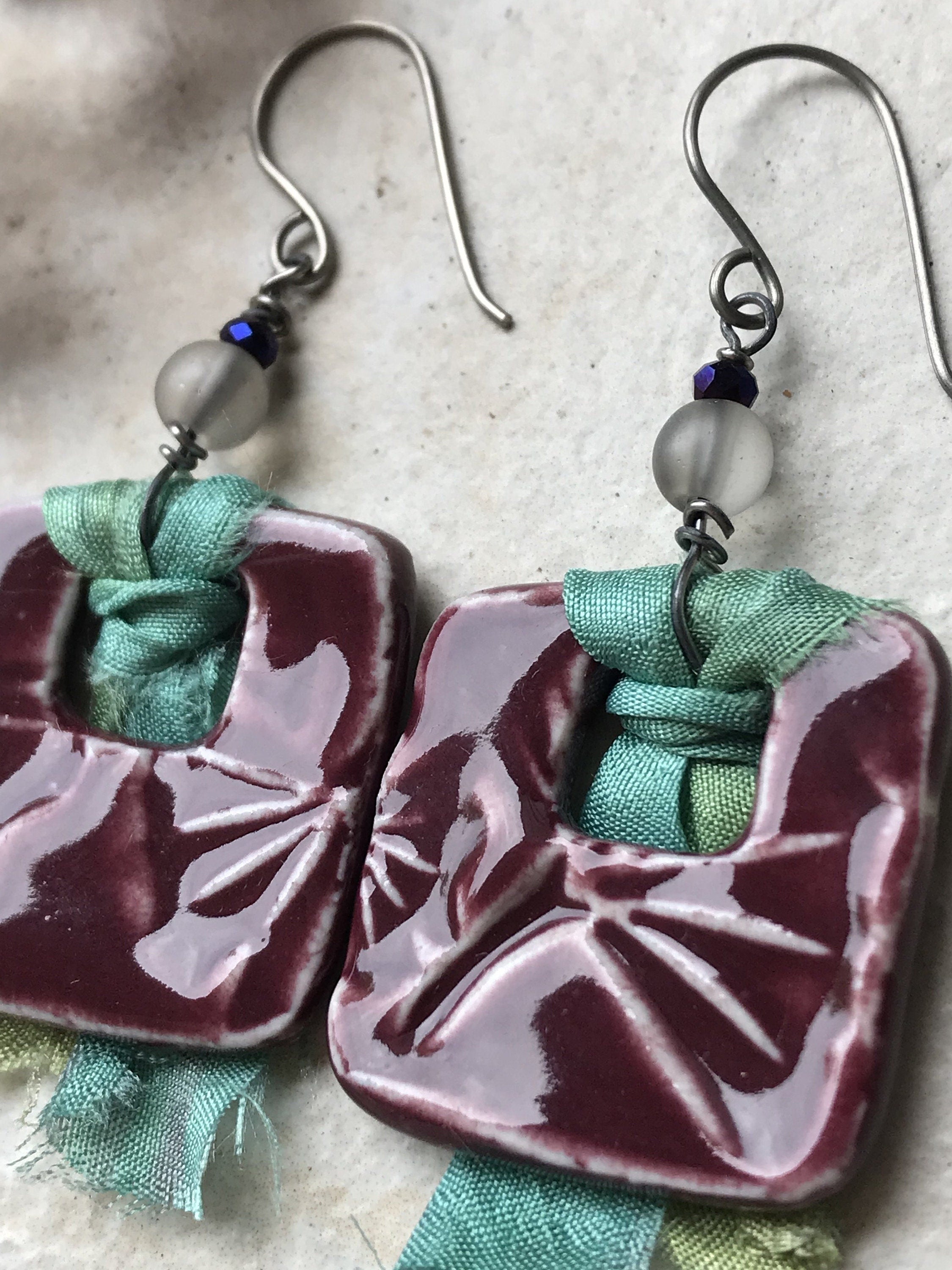 Burgundy Ginkgo Square Earrings, Handmade Earrings with Glass Beads