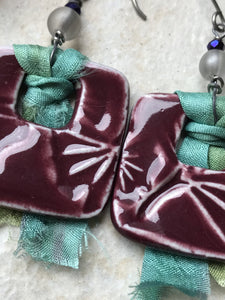 Burgundy Ginkgo Square Earrings, Handmade Earrings with Glass Beads