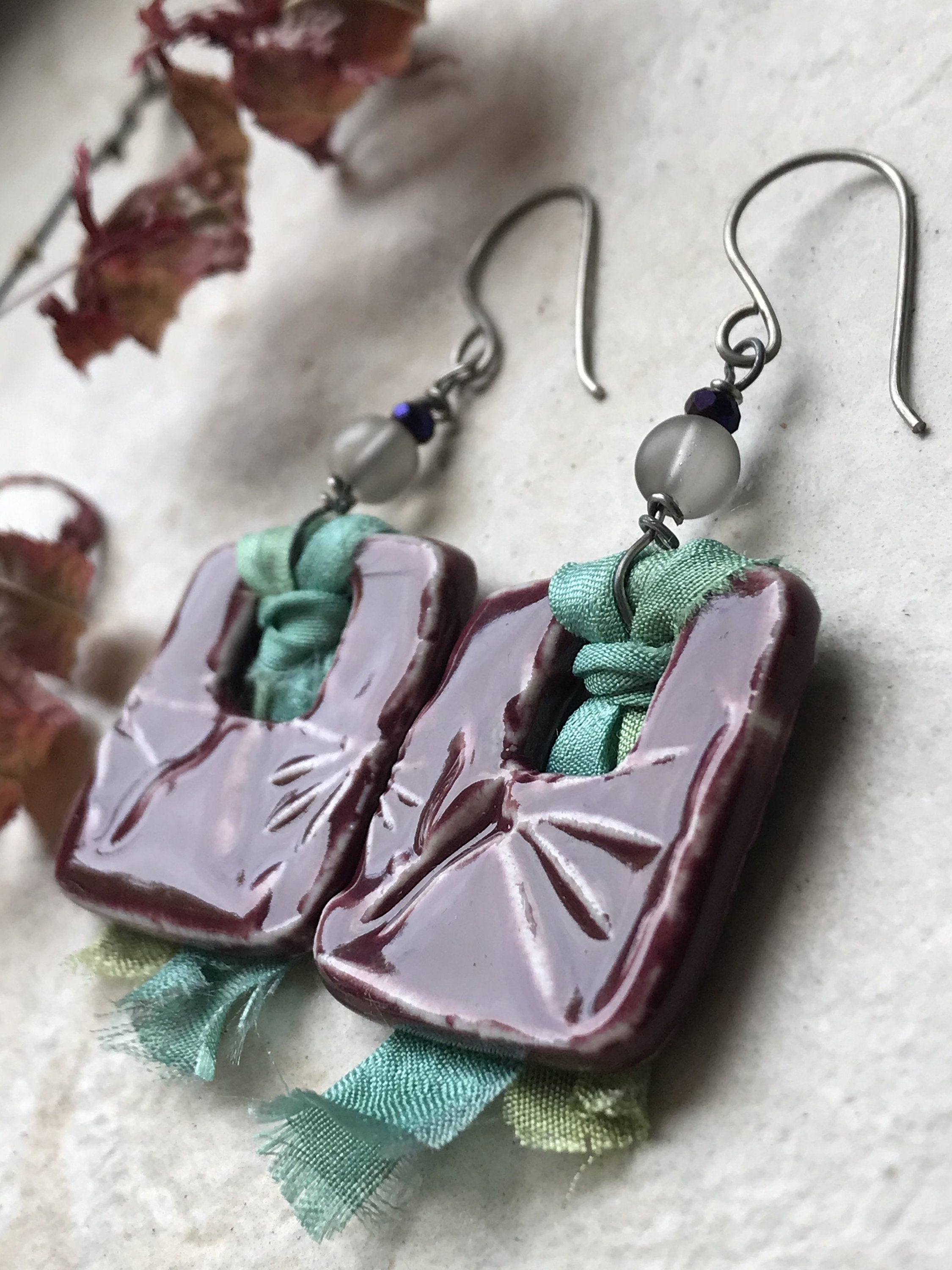 Burgundy Ginkgo Square Earrings, Handmade Earrings with Glass Beads