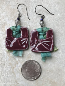 Burgundy Ginkgo Square Earrings, Handmade Earrings with Glass Beads