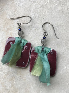 Burgundy Ginkgo Square Earrings, Handmade Earrings with Glass Beads