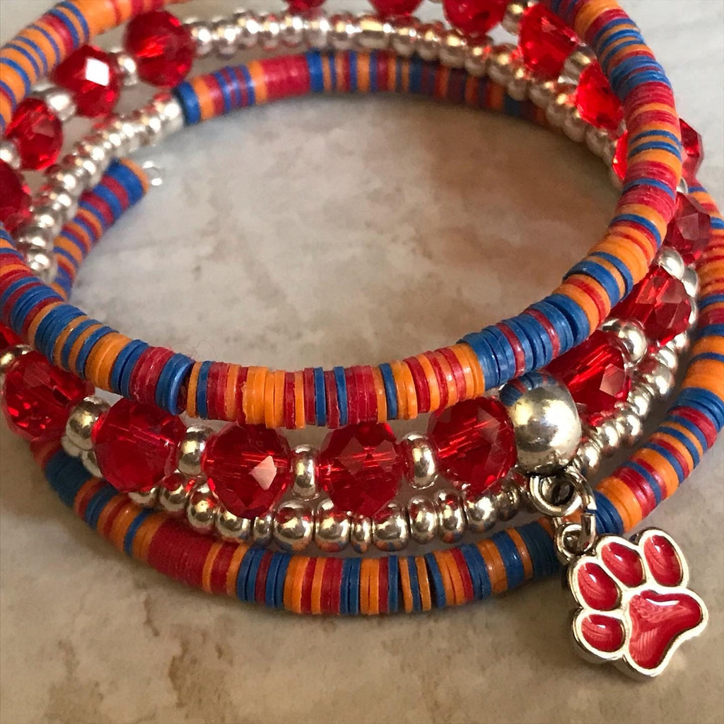 Dog Paw Bracelet, Red Wrap Bracelet, Bracelet Stack, Beaded Cuff, Stacked Bangles, Memory Wire Bracelet