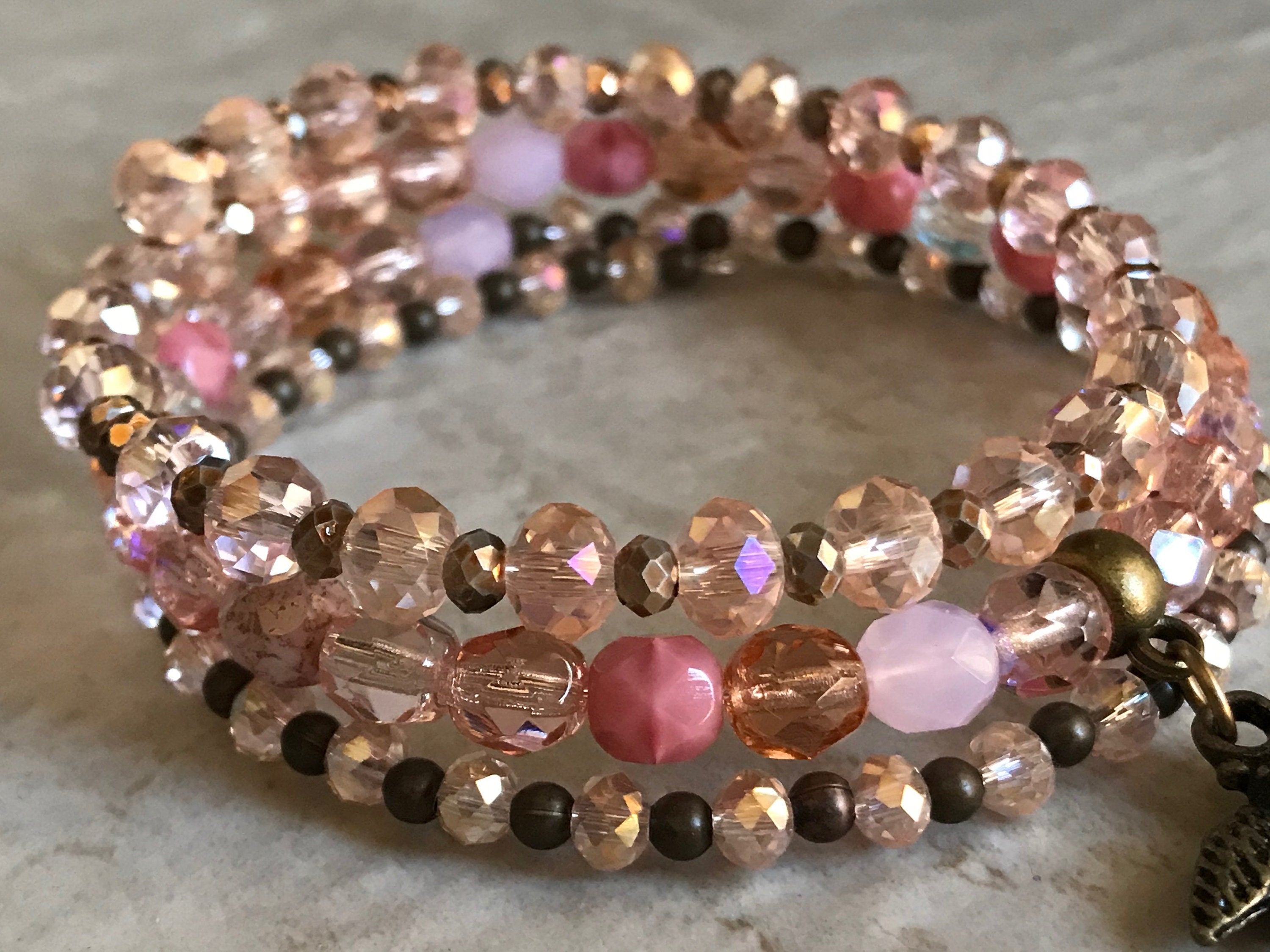 Rose Gold Bee Wrap Bracelet, Bee Charm Bracelet, Bee Beaded Bracelet, Pink Bracelet Stack