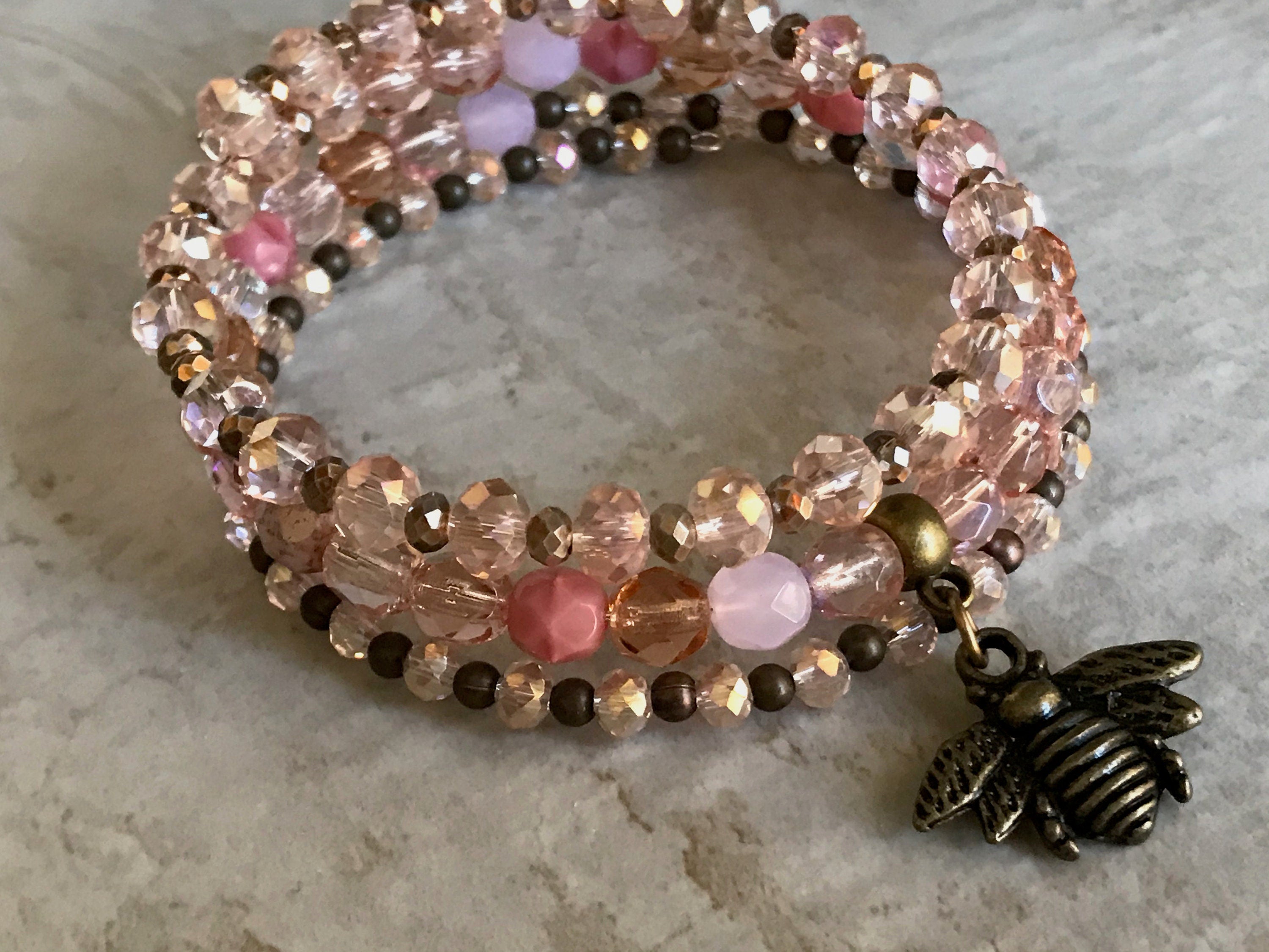 Rose Gold Bee Wrap Bracelet, Bee Charm Bracelet, Bee Beaded Bracelet, Pink Bracelet Stack