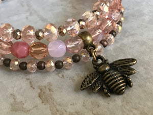 Rose Gold Bee Wrap Bracelet, Bee Charm Bracelet, Bee Beaded Bracelet, Pink Bracelet Stack