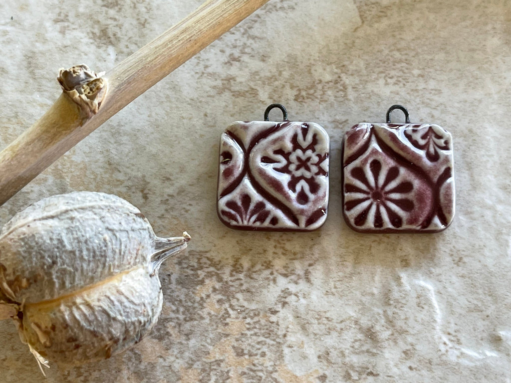Burgundy Talavera Square, Earring Bead Pair, Porcelain Charms, Ceramic Charms, Jewelry Making Components, DIY Earrings, DIY Beads