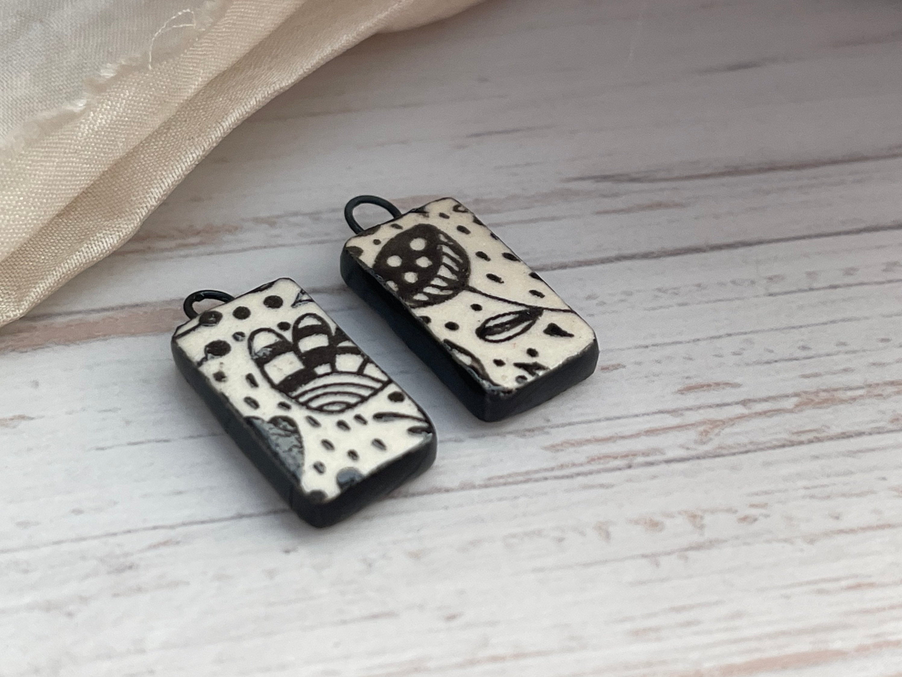 Black Earring Bead Pair, Porcelain Ceramic Charms, Jewelry Making Components, Beading Handmade