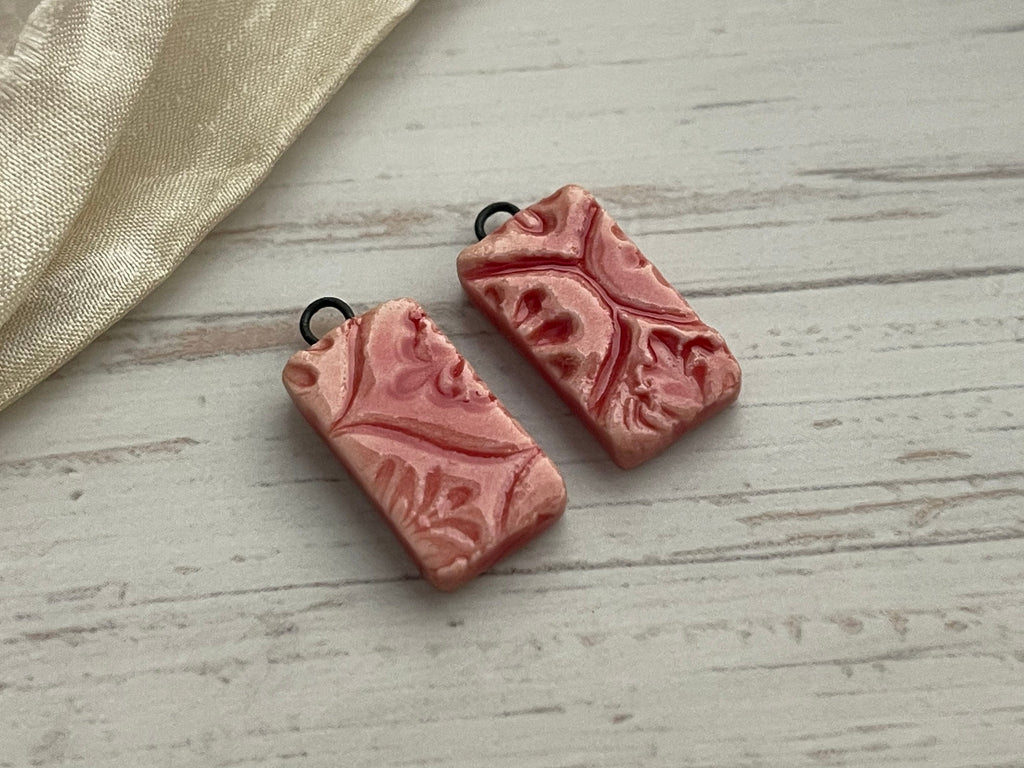 Red Talavera Bead, Mexican Style Tile Beads, Earring Bead Pair, Porcelain Ceramic Charms, Jewelry Components, Beading Handmade, DIY Beads