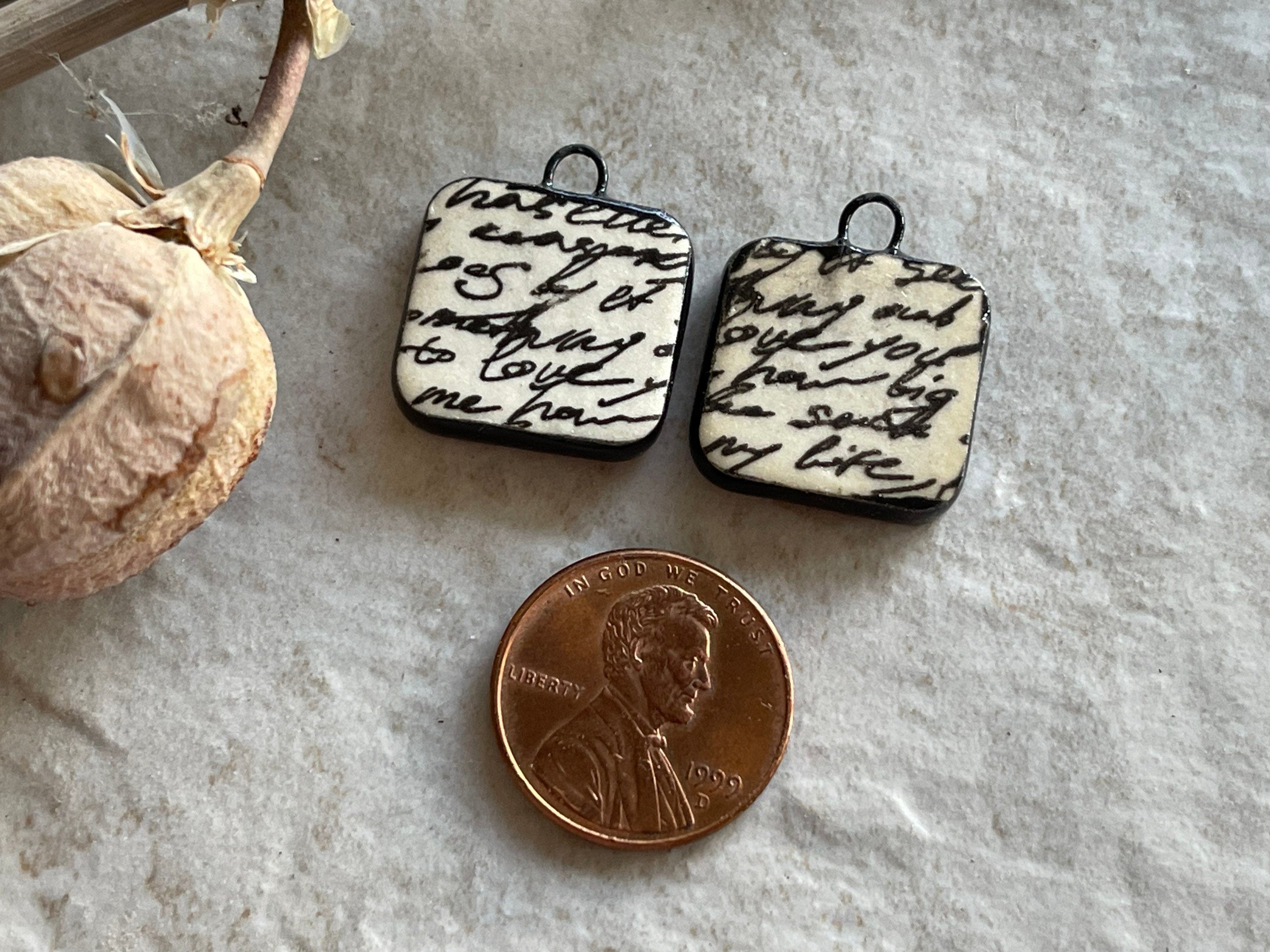 Black and White Love Letter, Black Earring Bead Pair, Porcelain Ceramic Charms, Jewelry Making Components, Beading Handmade