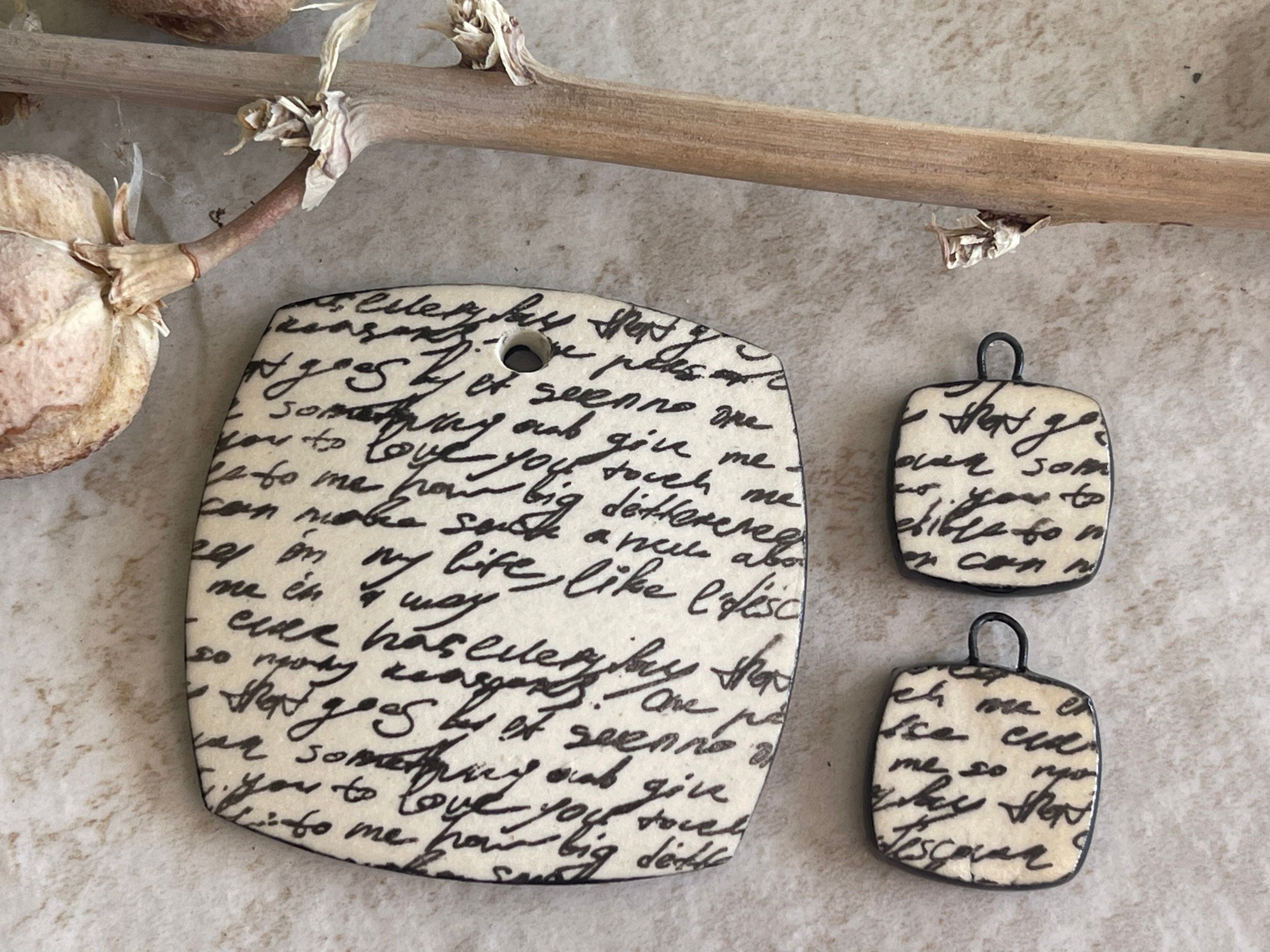 Black and white Love Poem Pendant and Charms, Pendant, Obtuse Square, Porcelain Ceramic Pendant, Artisan Pendant, Jewelry Making Components