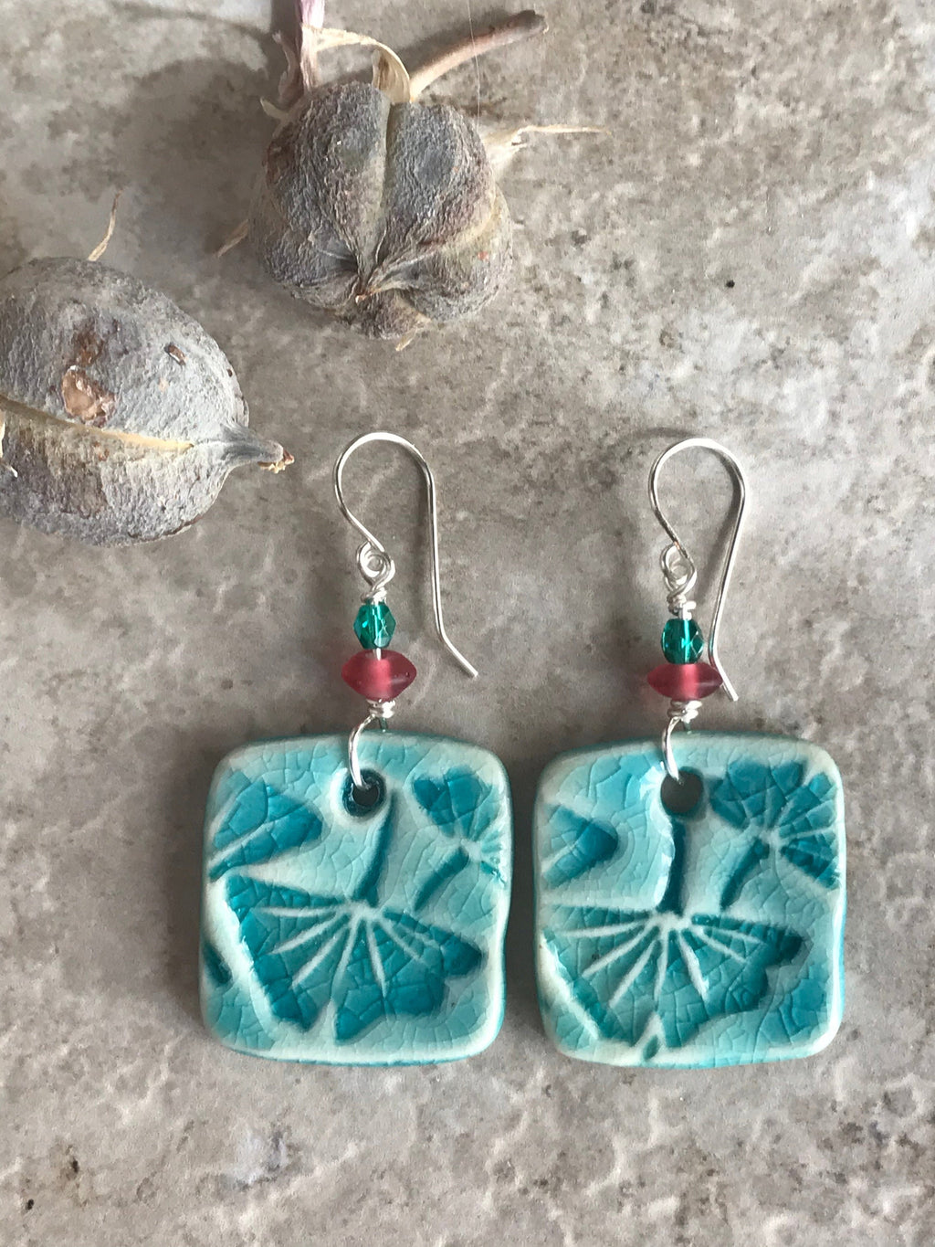 Gingko Crackle Square Earrings, Handmade Earrings with Glass Beads