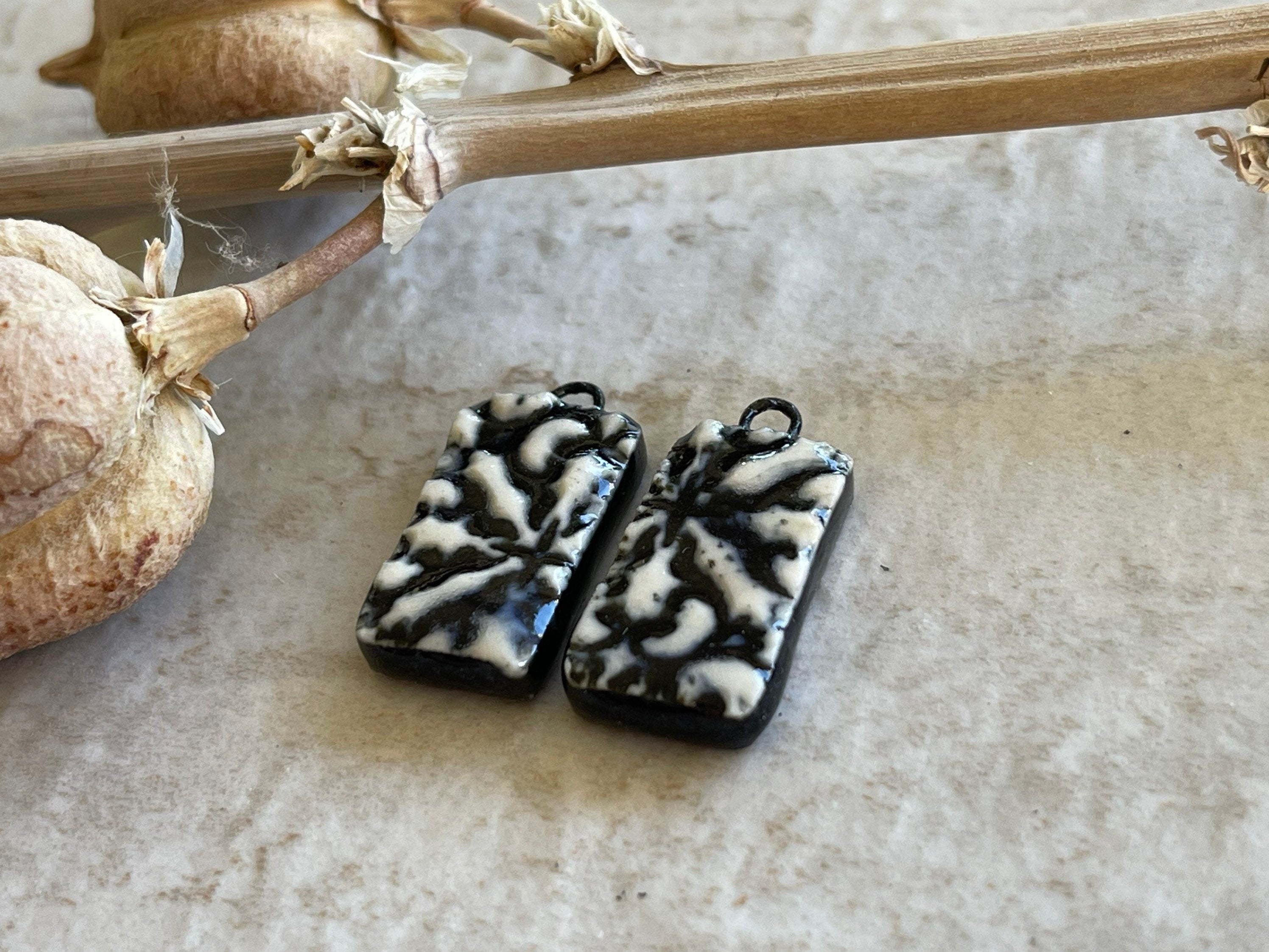 Italian Tuscan, Black and White Earring Beads, Porcelain Beads, Floral Earring Bead Pair, Ceramic Charms, Jewelry Making Components