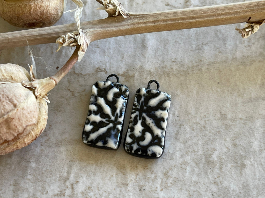 Italian Tuscan, Black and White Earring Beads, Porcelain Beads, Floral Earring Bead Pair, Ceramic Charms, Jewelry Making Components