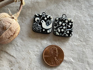 Black and White Bird, Black Earring Bead Pair, Porcelain Ceramic Charms, Jewelry Making Components, Beading Handmade