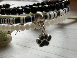 Black and White Wrap Bracelet, Dog Paw Bracelet, Bracelet Stack, Beaded Cuff, Stacked Bangles, Memory Wire Bracelet, Stocking Stuffer