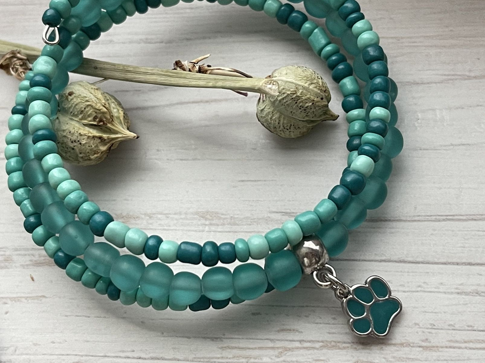 Turquoise Wrap Bracelet, Dog Paw Bracelet, Bracelet Stack, Beaded Cuff, Stacked Bangles, Memory Wire Bracelet