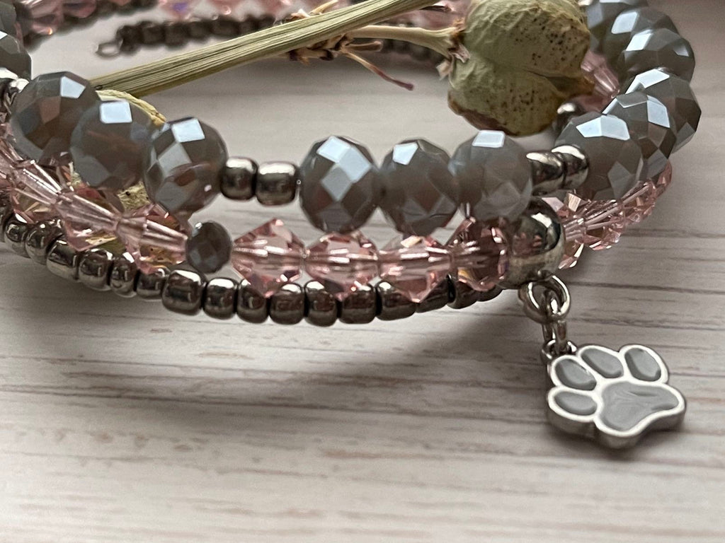 Pink and Grey Wrap Bracelet, Dog Paw Bracelet, Bracelet Stack, Beaded Cuff, Stacked Bangles, Memory Wire Bracelet