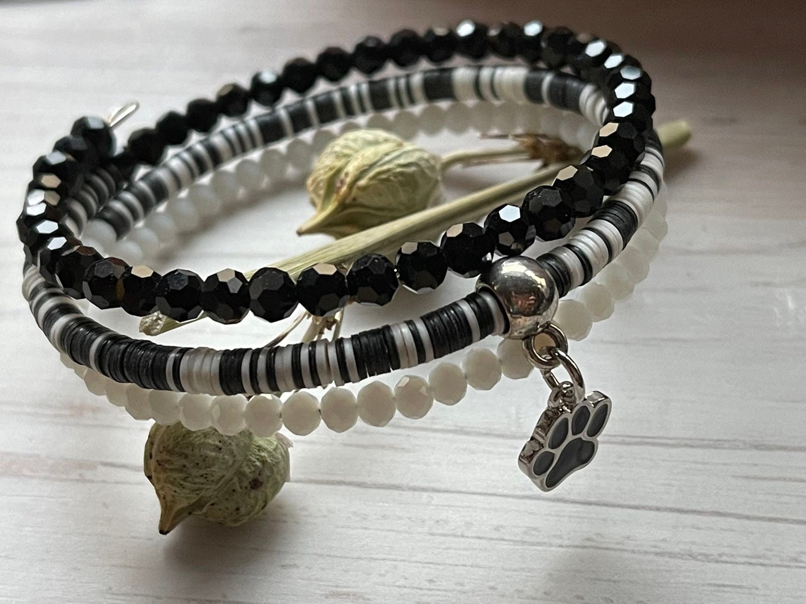 Black and White Wrap Bracelet, Dog Paw Bracelet, Bracelet Stack, Beaded Cuff, Stacked Bangles, Memory Wire Bracelet, Stocking Stuffer