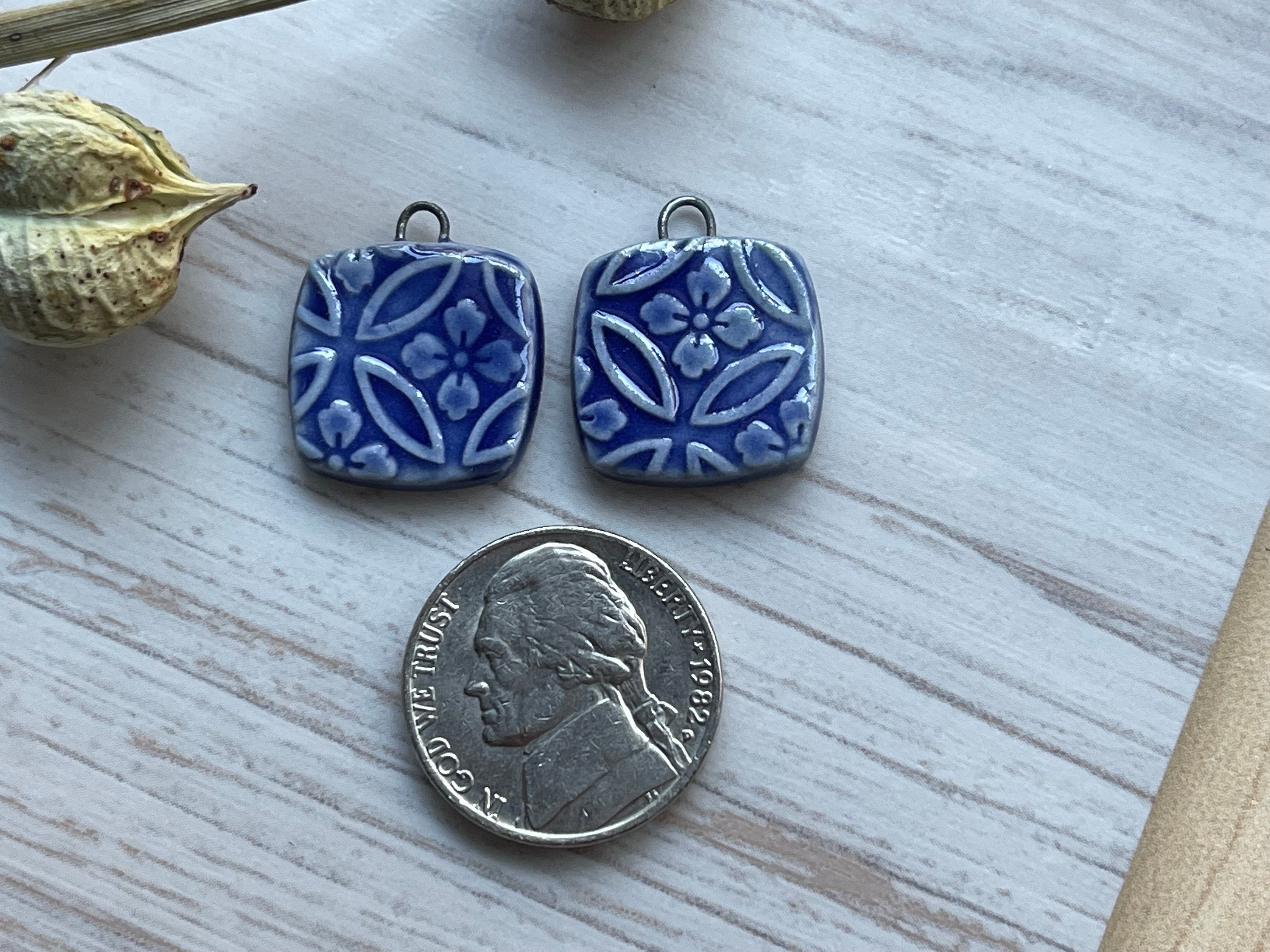 Blue Earring Bead Pair, Floral Pattern, Porcelain Ceramic Charms, Jewelry Making Components, Beading Handmade