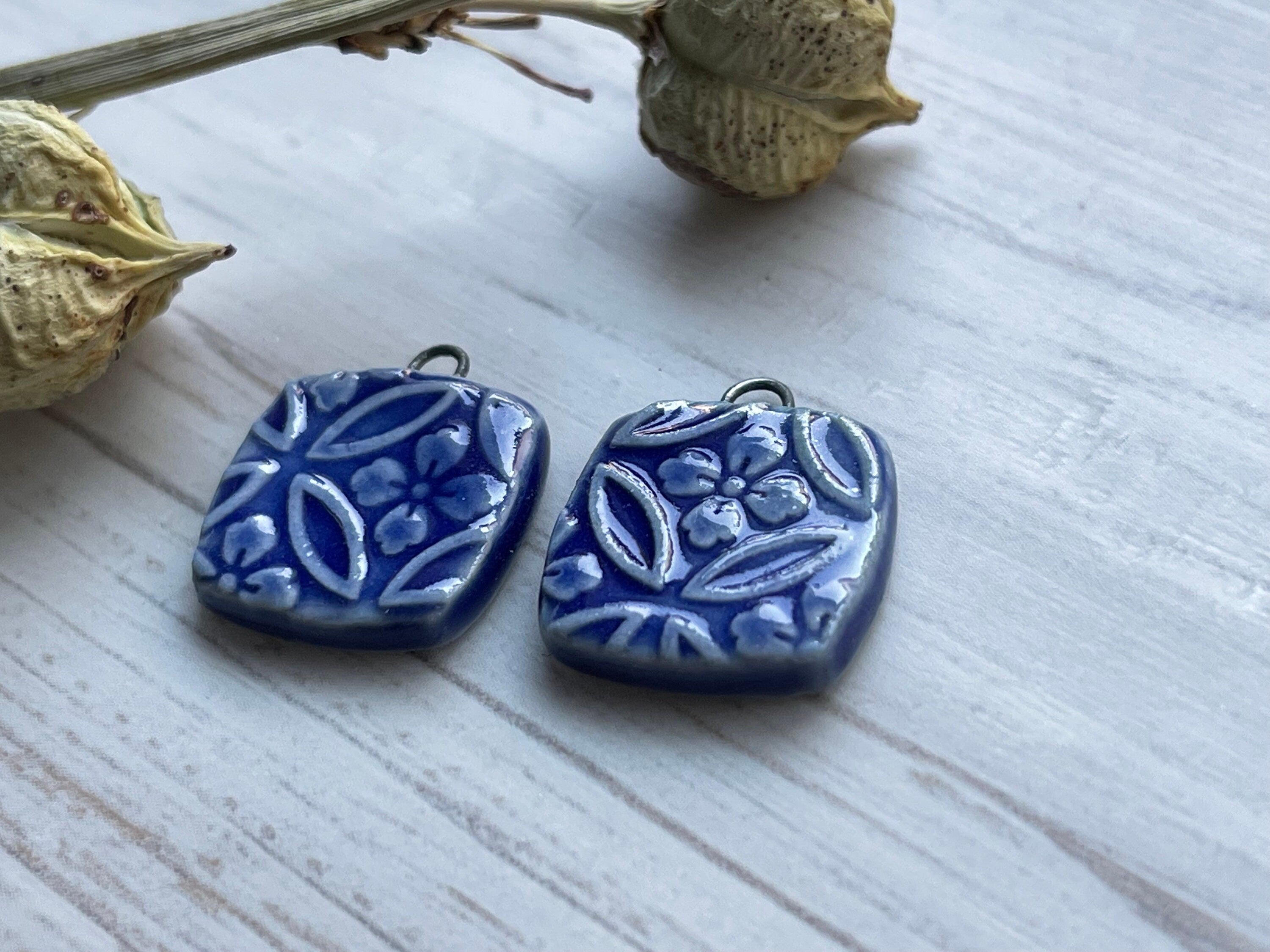 Blue Earring Bead Pair, Floral Pattern, Porcelain Ceramic Charms, Jewelry Making Components, Beading Handmade