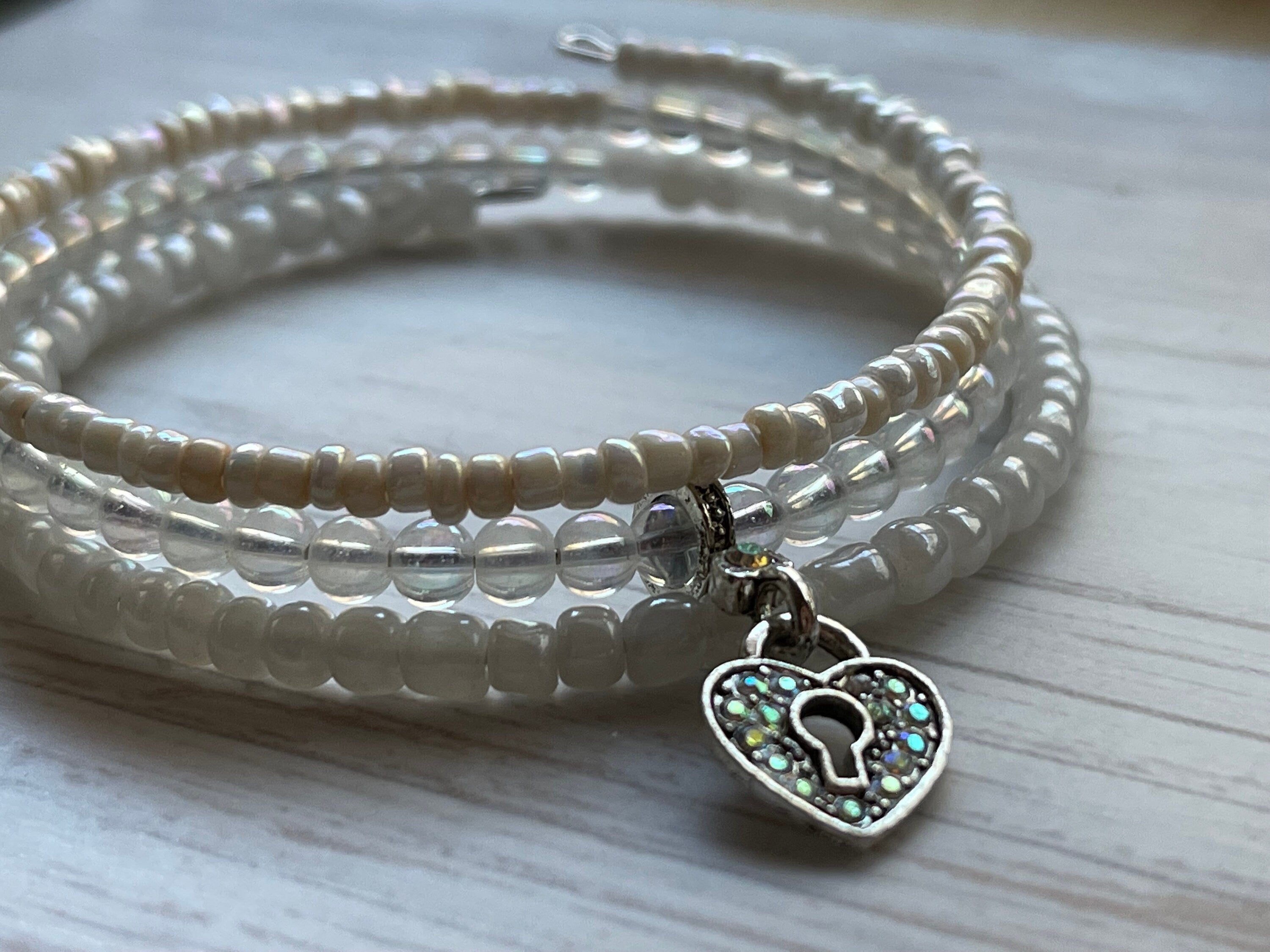 Irridescent and White Wrap Bracelet, Heart Locket Bracelet, Bracelet Stack, Stacked Bangles, Memory Wire Bracelet, Valentine’s Day Gift