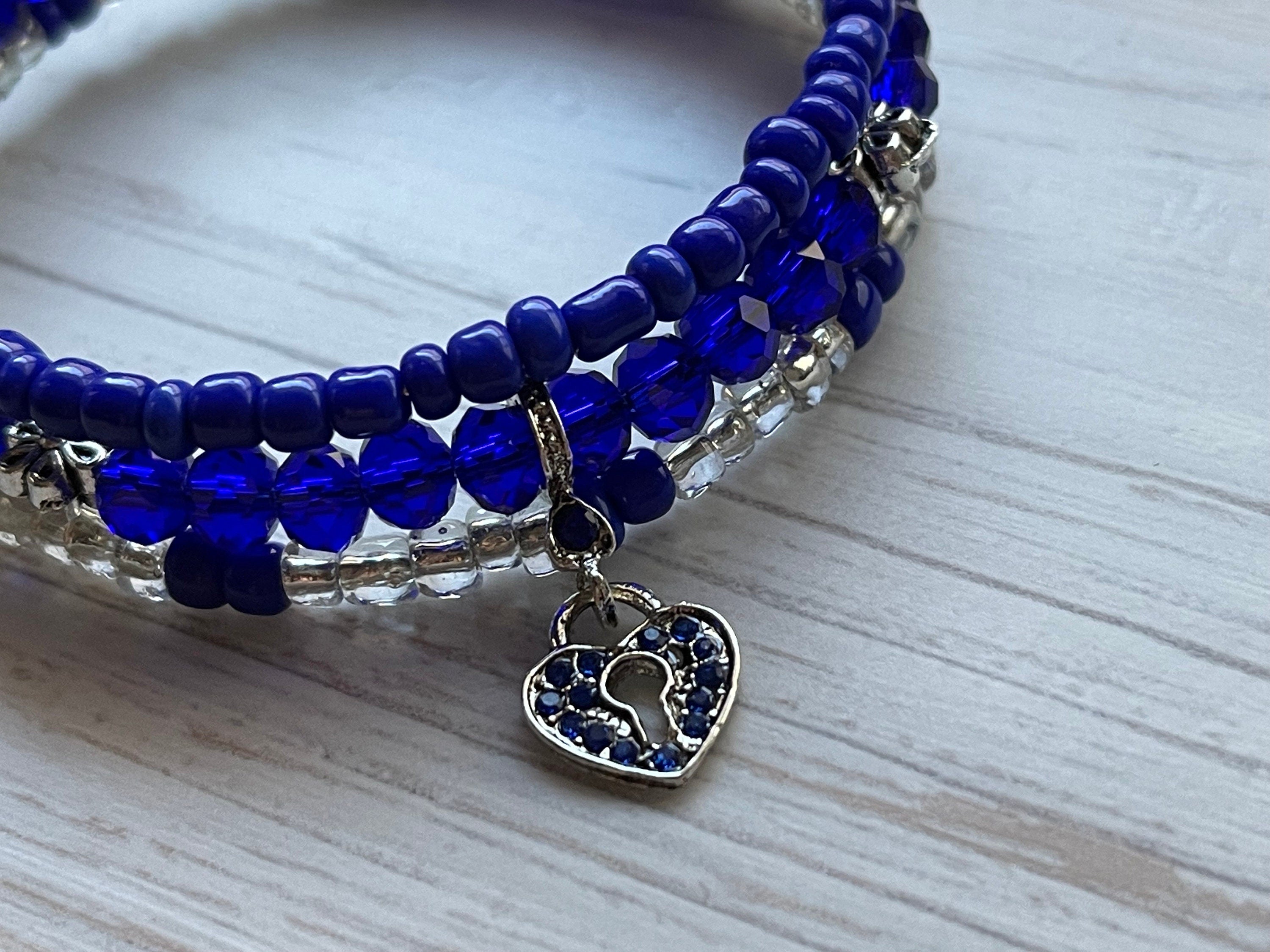 Royal Blue Heart Locket, Heart Locket Wrap Bracelet, Memory Wire Bracelet, Blue Beaded Bracelet, Valentine’s Day Gift