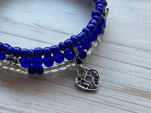 Royal Blue Heart Locket, Heart Locket Wrap Bracelet, Memory Wire Bracelet, Blue Beaded Bracelet, Valentine’s Day Gift