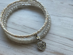 Irridescent and White Wrap Bracelet, Heart Locket Bracelet, Bracelet Stack, Stacked Bangles, Memory Wire Bracelet, Valentine’s Day Gift