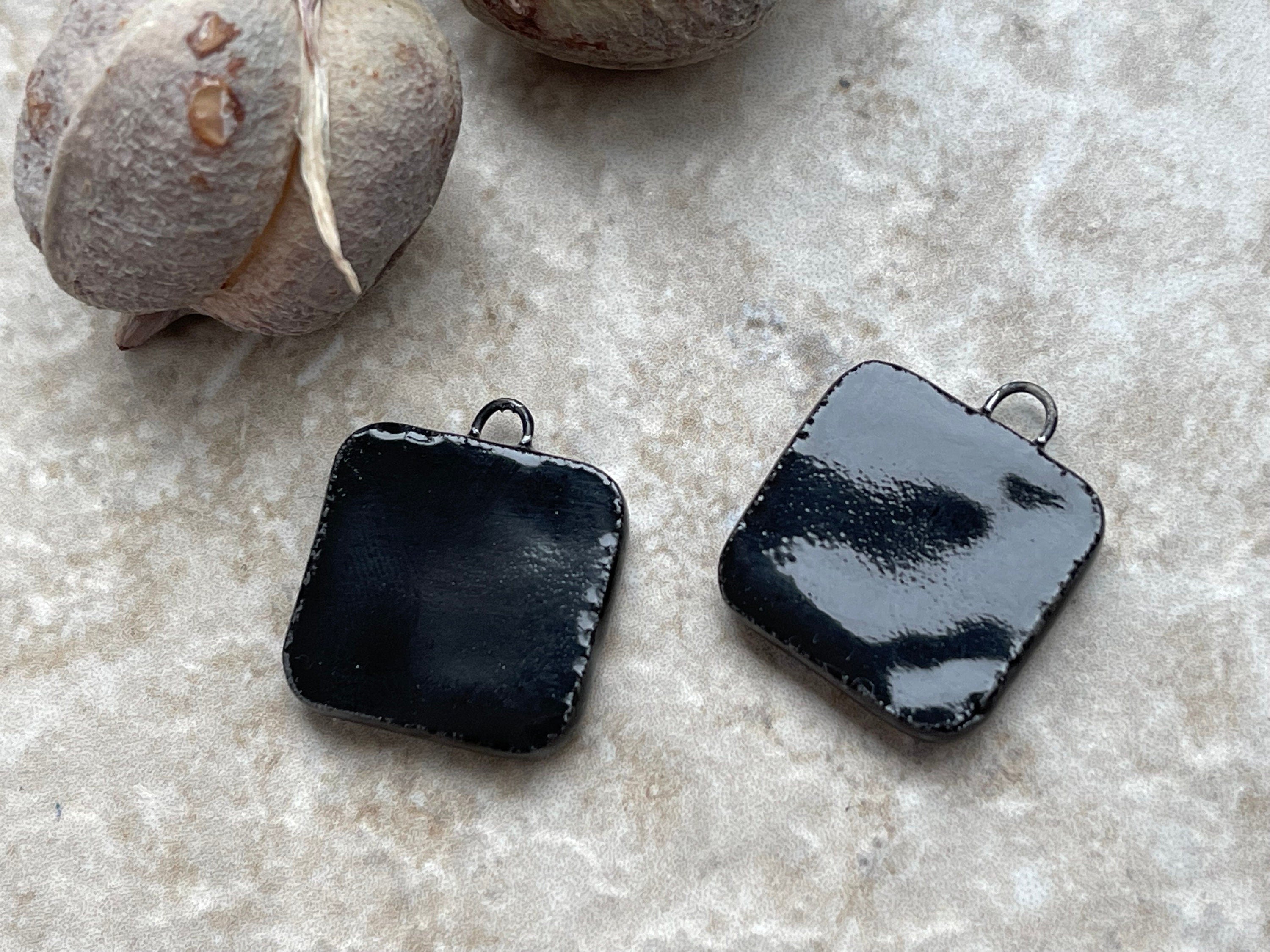 Tulip Beads, Black and White Square, Black Earring Bead Pair, Unique Beads, Porcelain Ceramic Charms, Jewelry Components, Beading Handmade