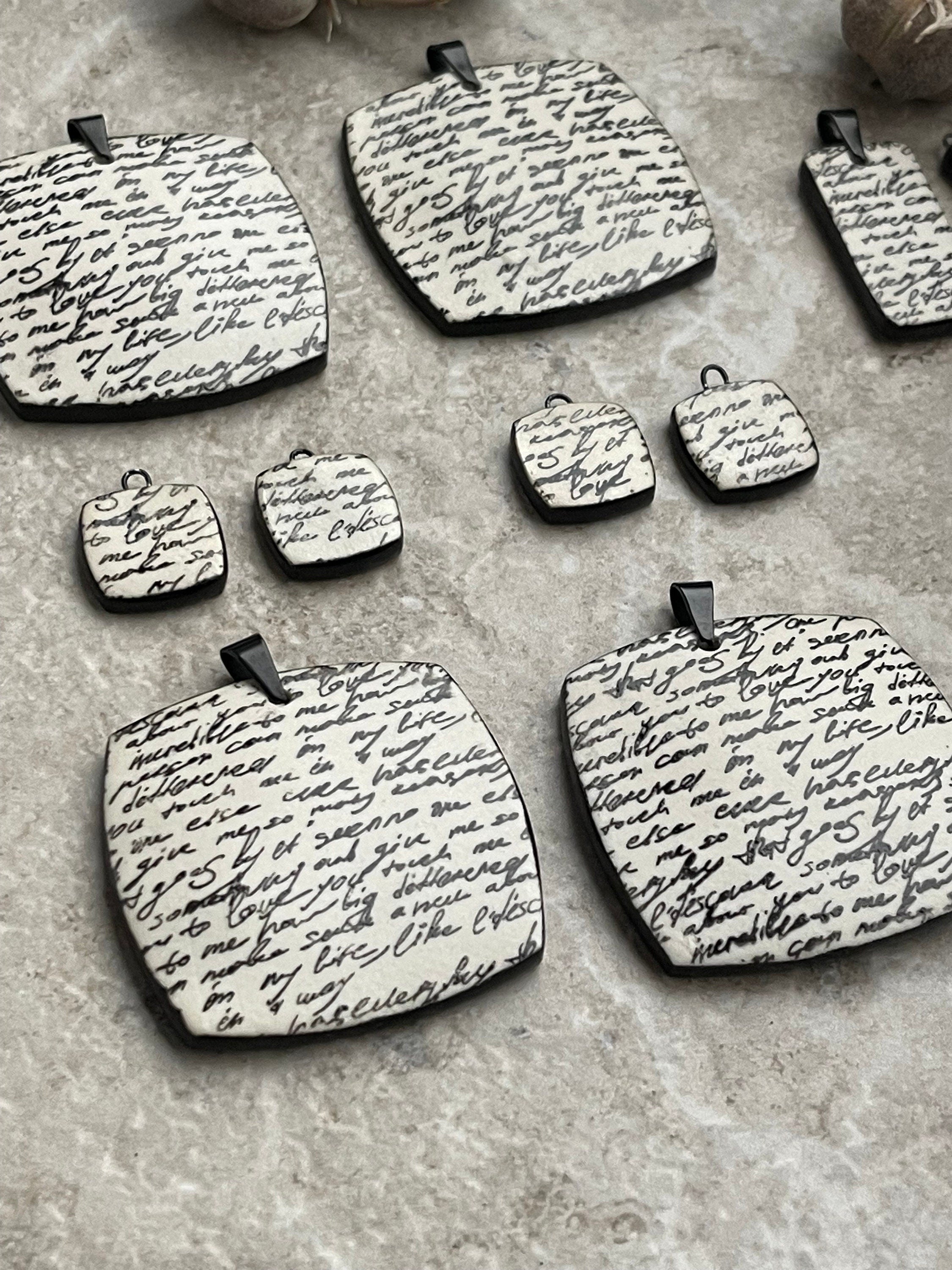 Black and white Love Poem Pendant and Charms, Pendant, Obtuse Square, Porcelain Ceramic Pendant, Artisan Pendant, Jewelry Making Components