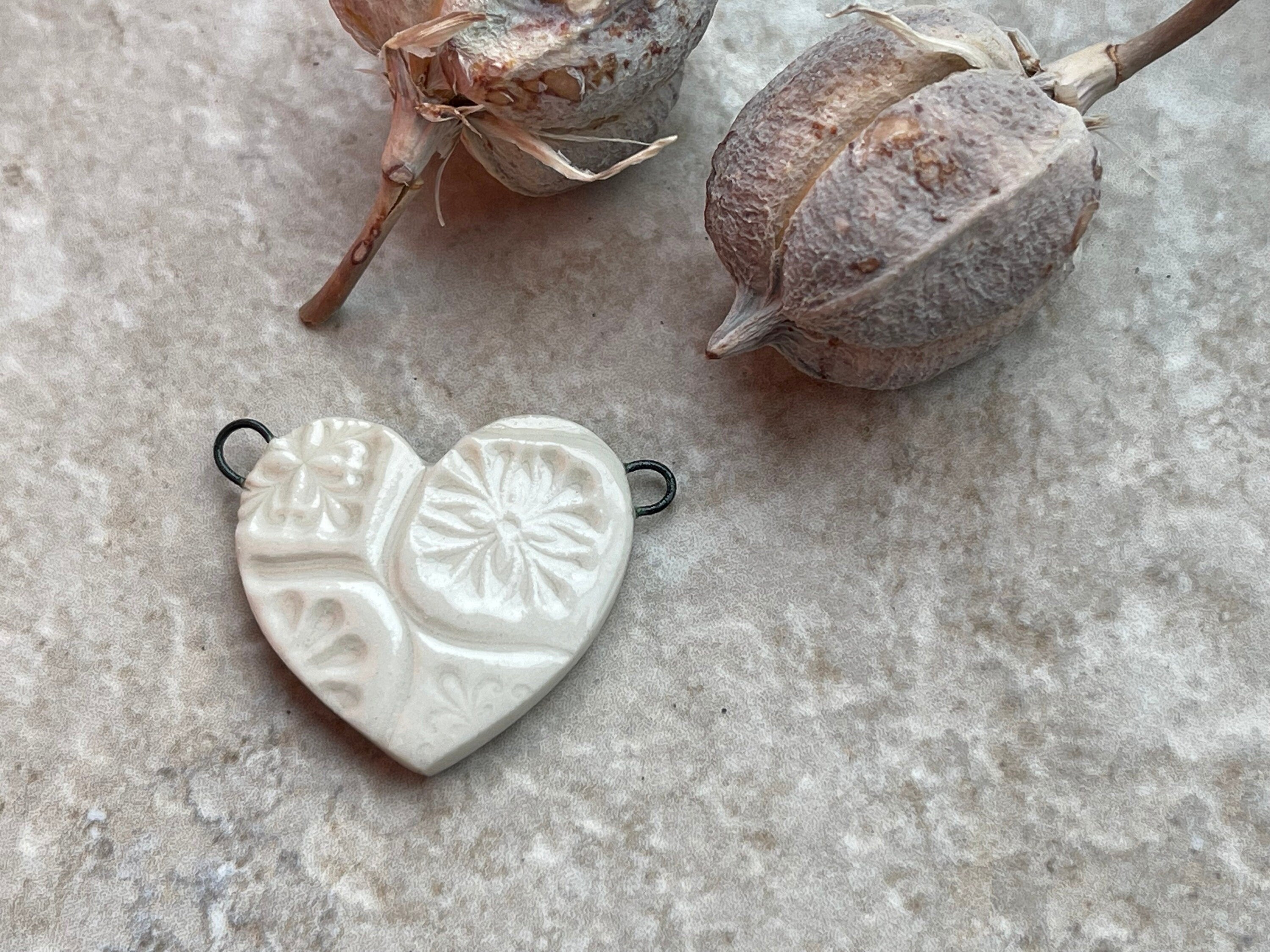 White Heart Pendant, White Talavera Pattern, Double Wire Heart Pendant, Jewelry Making Component, DIY Necklace