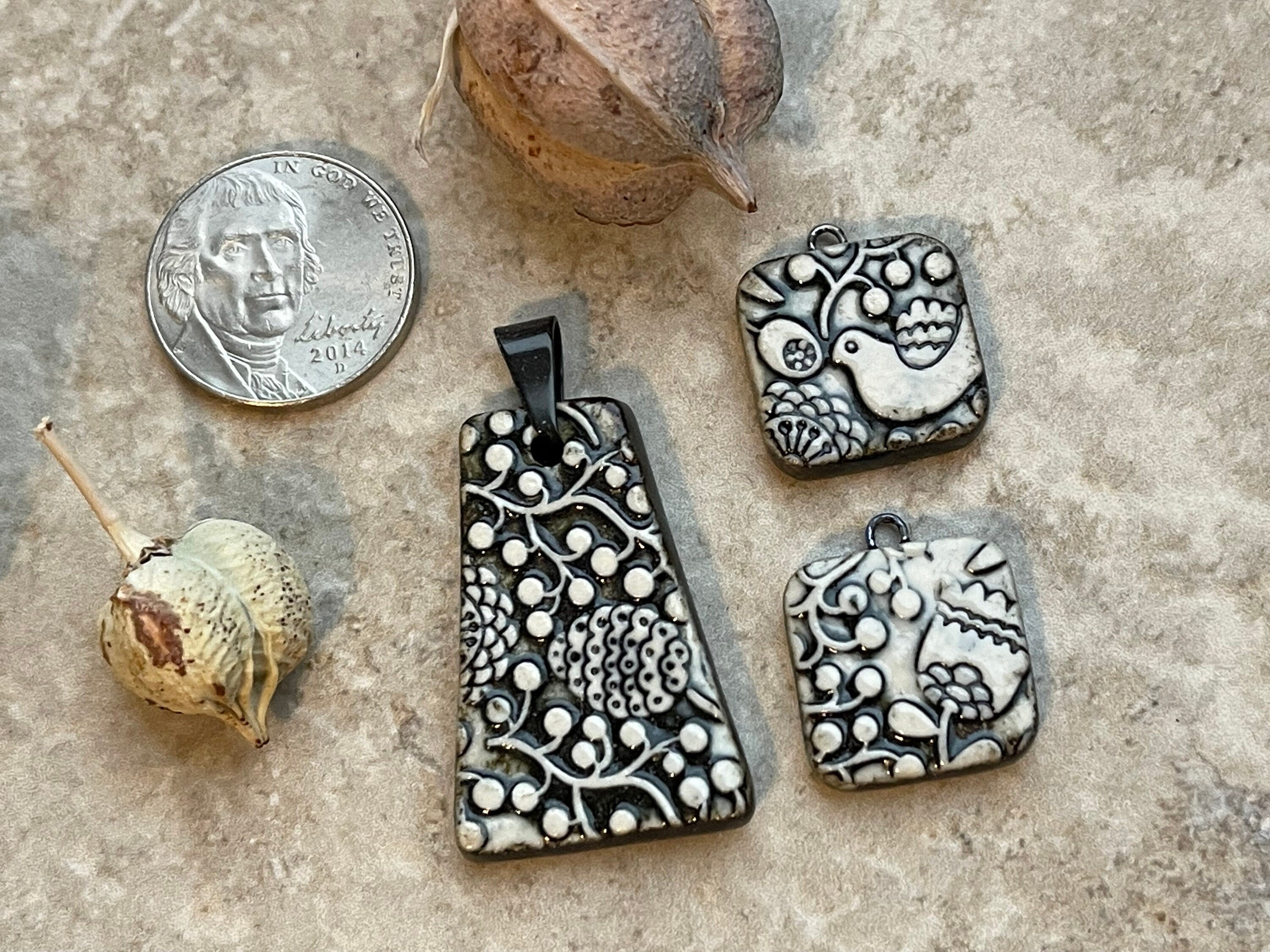 Triangle Pendant Set, Tulip Bead, Bird Bead, Black and White Scandinavian Earring Beads, Porcelain Ceramic Charms, Jewelry Making Components