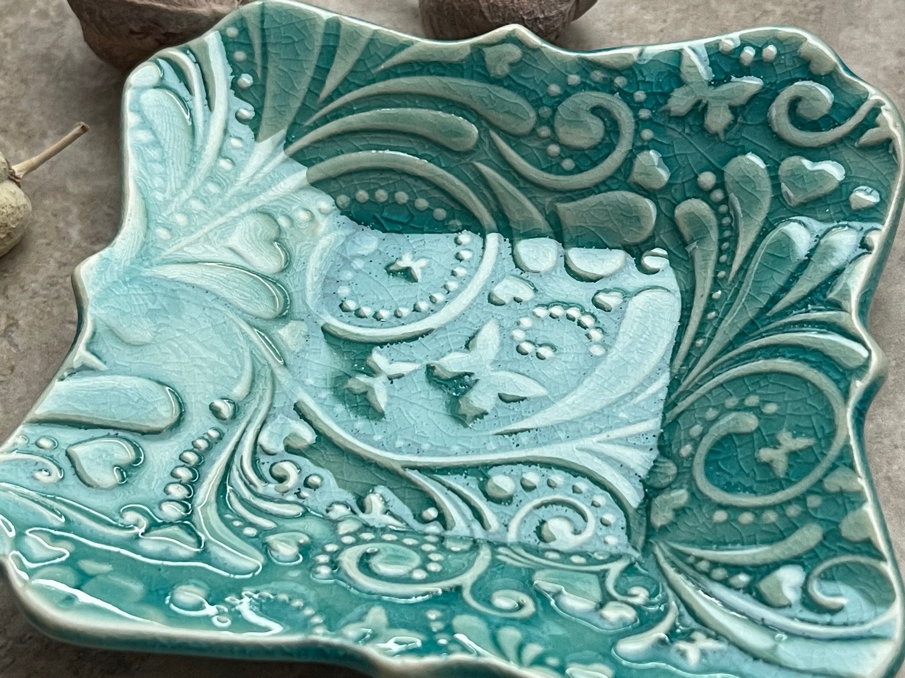 Womens Jewelry Storage, Turquoise Ring Dish, Butterflies and Hearts, Contemporary Trinket Tray, Porcelain Tray