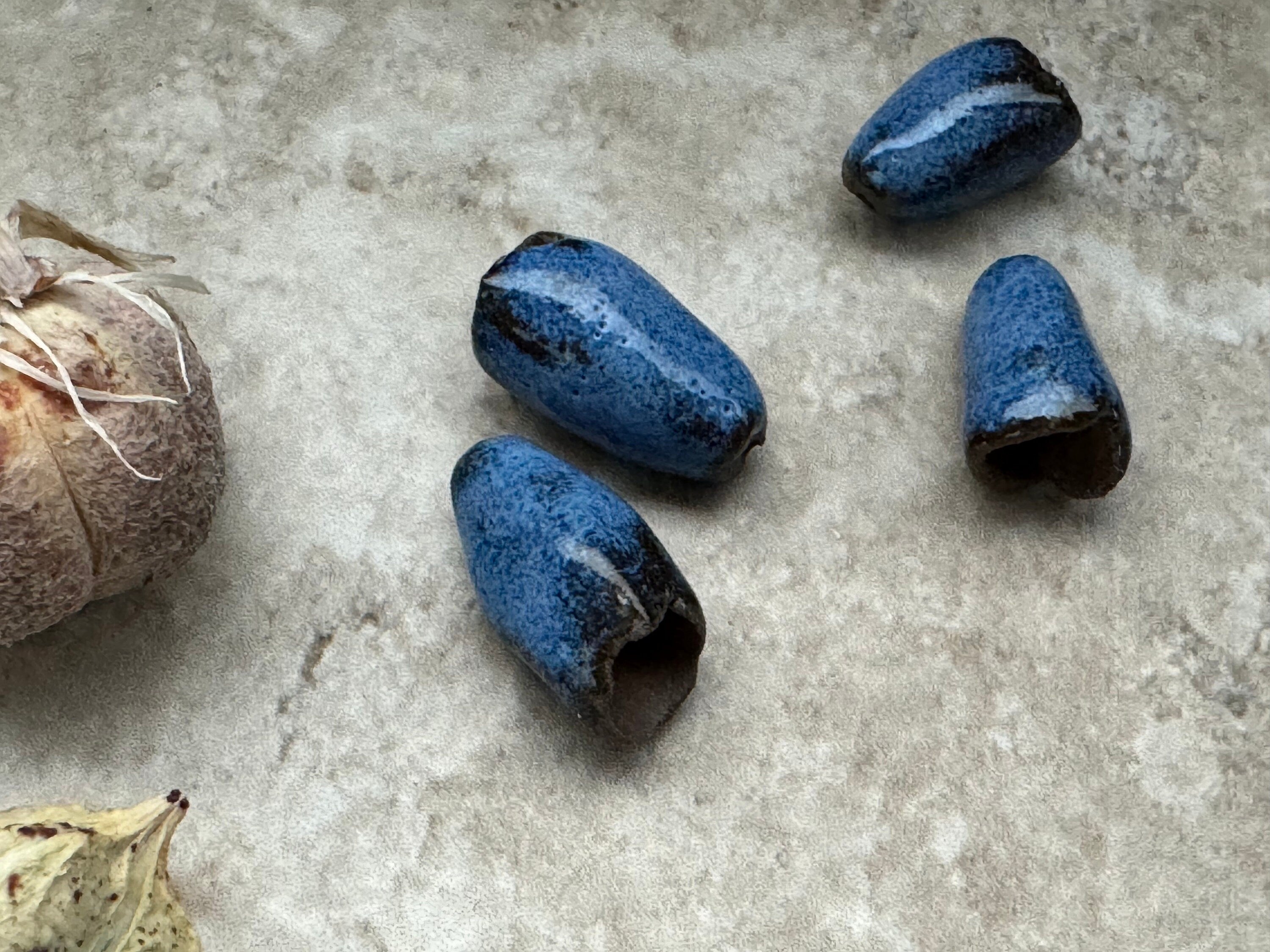 London Blue Beads, Organic Beads, Pod Earring Pair, Porcelain Ceramic Charms, Jewelry Making Components, Bell Beads, DIY Earrings