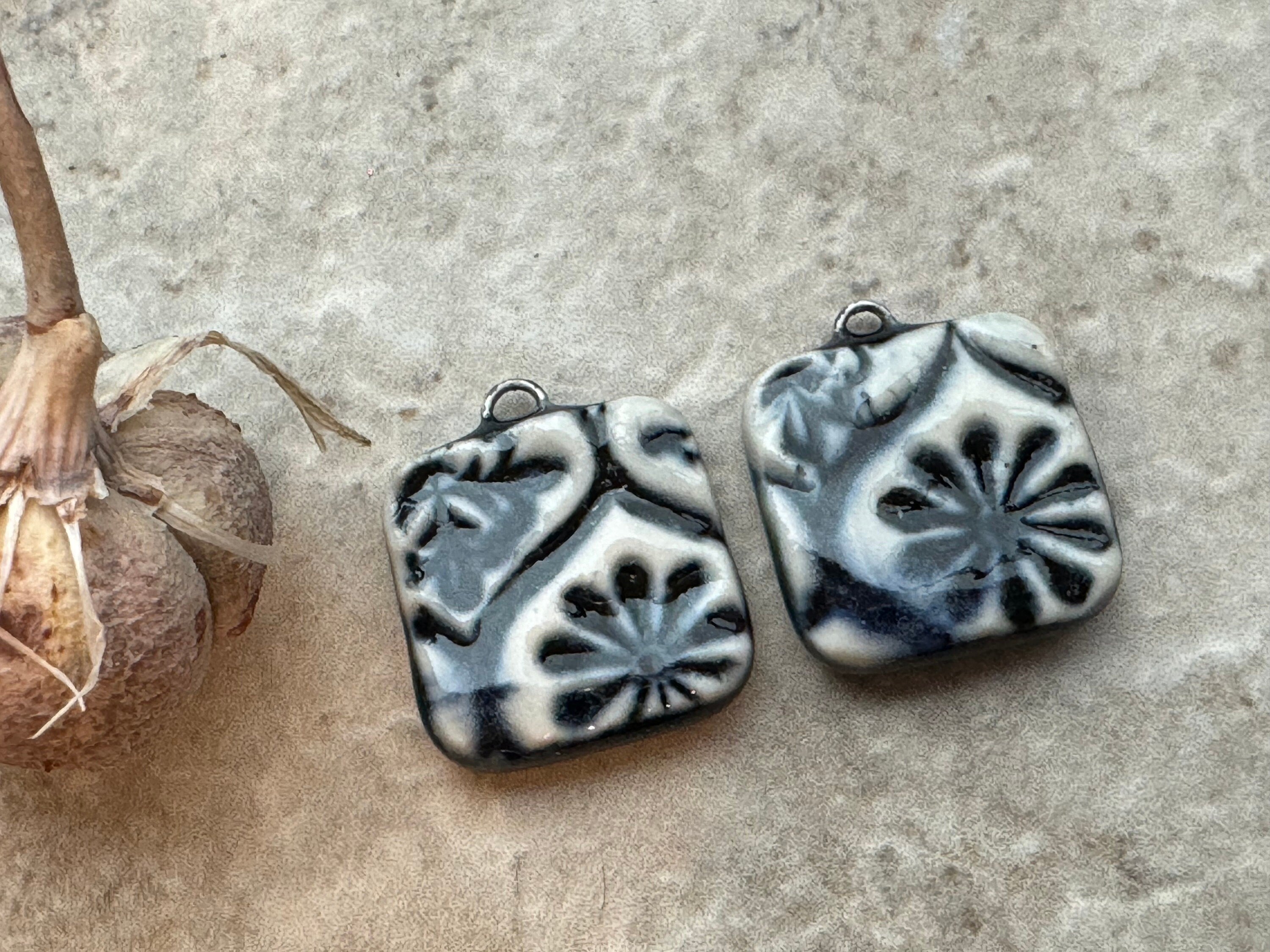 Black and White Talavera Tile Beads, Black and White Earring Bead Pair, Porcelain Ceramic Charms, Jewelry Components, Beading Handmade