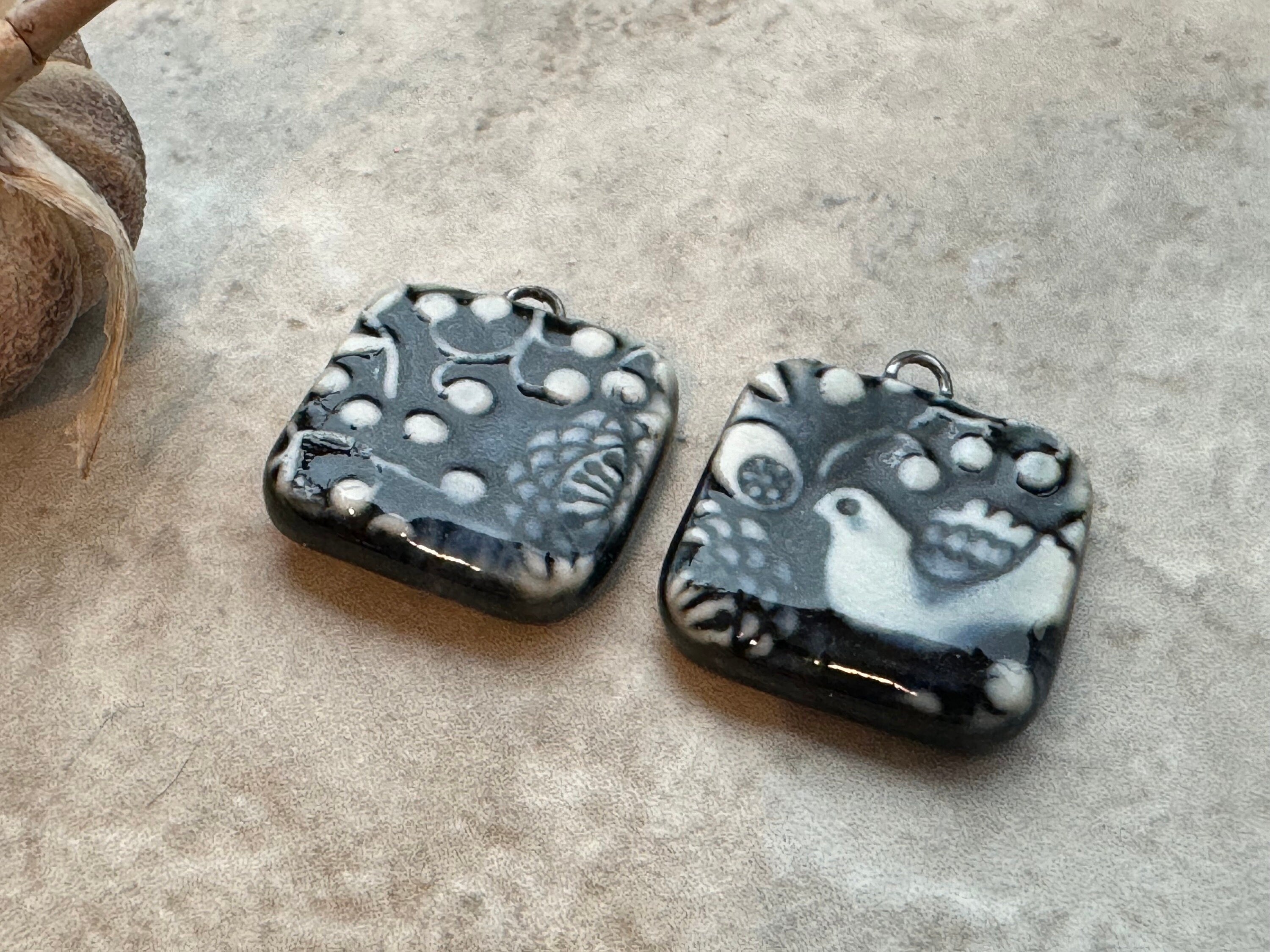 Black and White Charms, Scandinavian Bird and Rosette, Black Earring Bead Pair, Porcelain Ceramic Charms, Jewelry Components, Handmade