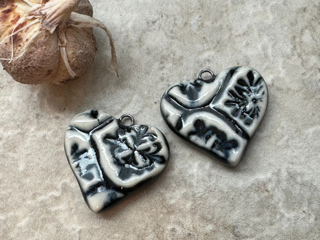 Black and White Talavera Earring Bead Pair, Hearts, Vintage Pattern, Porcelain Ceramic Charms, Jewelry Making Components, Beading Handmade