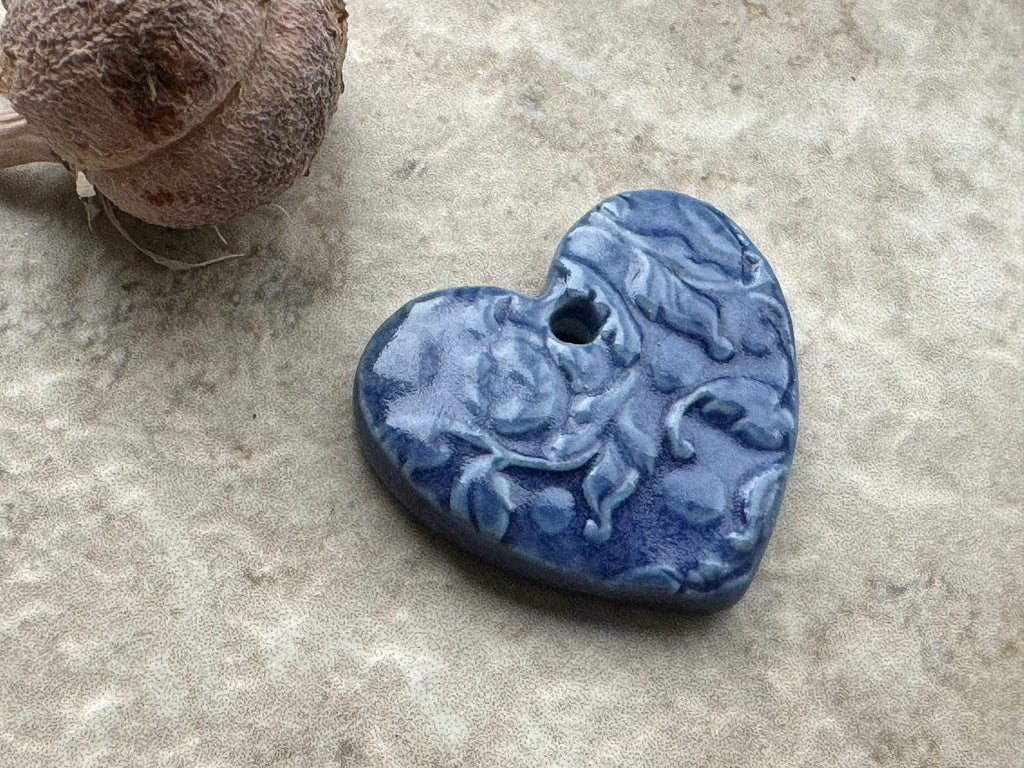 Blue Heart Pendant, Floral Pattern, Heart Pendant, Porcelain Ceramic Pendant, Artisan Pendant, Jewelry Making Components