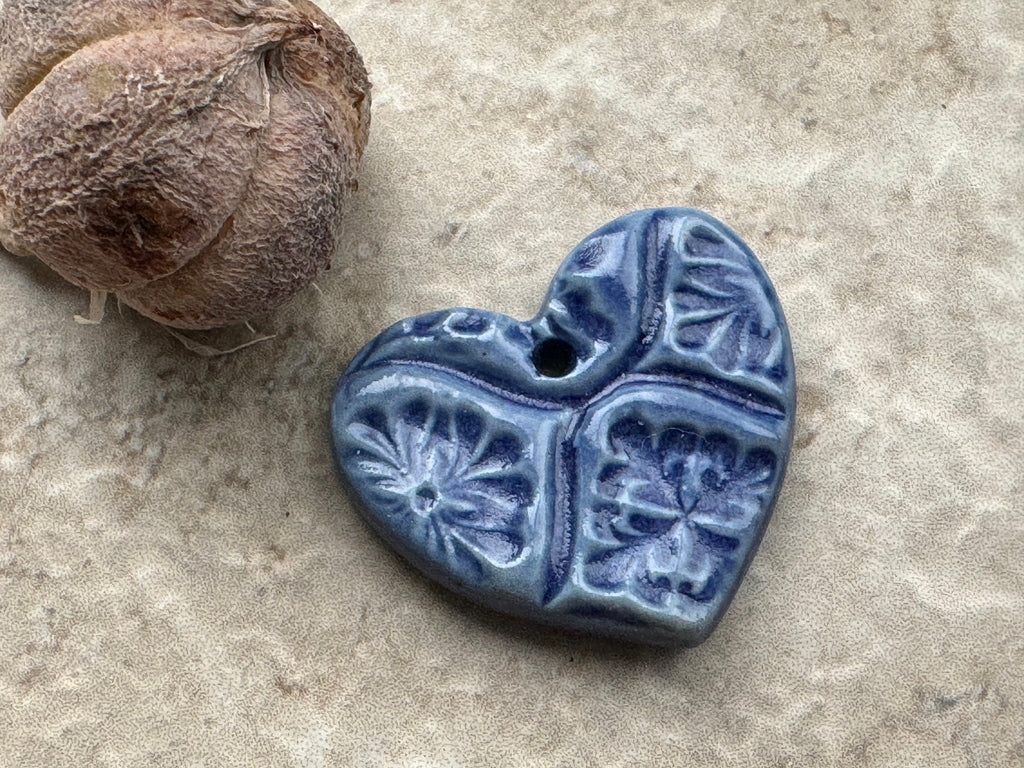 Blue Heart Pendant, Talavera Tile Pattern, Heart Pendant, Porcelain Ceramic Pendant, Artisan Pendant, Jewelry Making Components