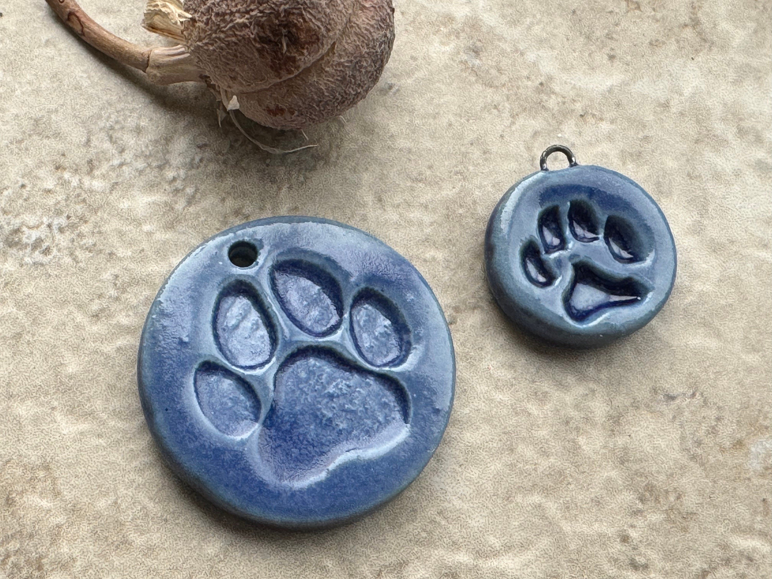 Blue Paw Print Pendant and Charms, Dog Round Pendant, Porcelain Ceramic Pendant, Dog Paw Charms, Jewelry Making Components