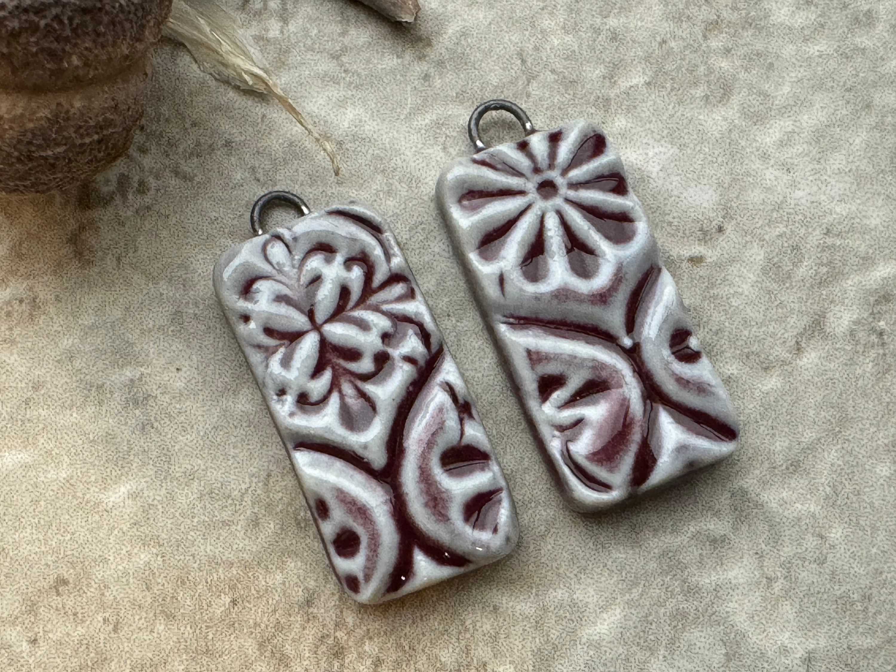 Burgundy Talavera Bead, Mexican Style Tile Beads, Earring Bead Pair, Porcelain Ceramic Charms, Jewelry Components, Beading Handmade