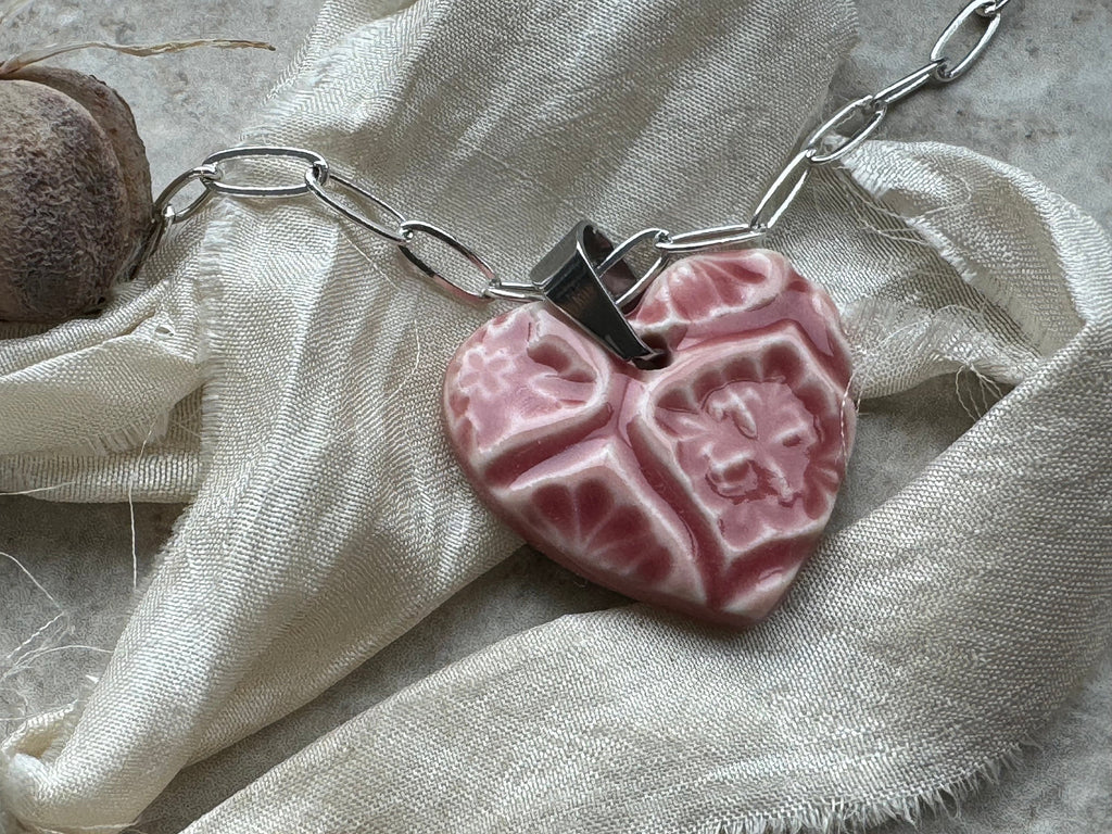 Pink Heart, Talavera Heart, Heart Pendant, Porcelain Ceramic Pendant, Artisan Pendant, Jewelry Making Components