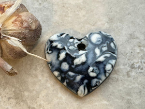 Black and White Heart, Floral Heart, Heart Pendant, Porcelain Ceramic Pendant, Artisan Pendant, Jewelry Making Components