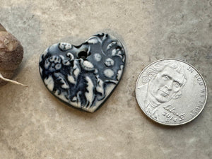 Black and White Heart, Floral Heart, Heart Pendant, Porcelain Ceramic Pendant, Artisan Pendant, Jewelry Making Components