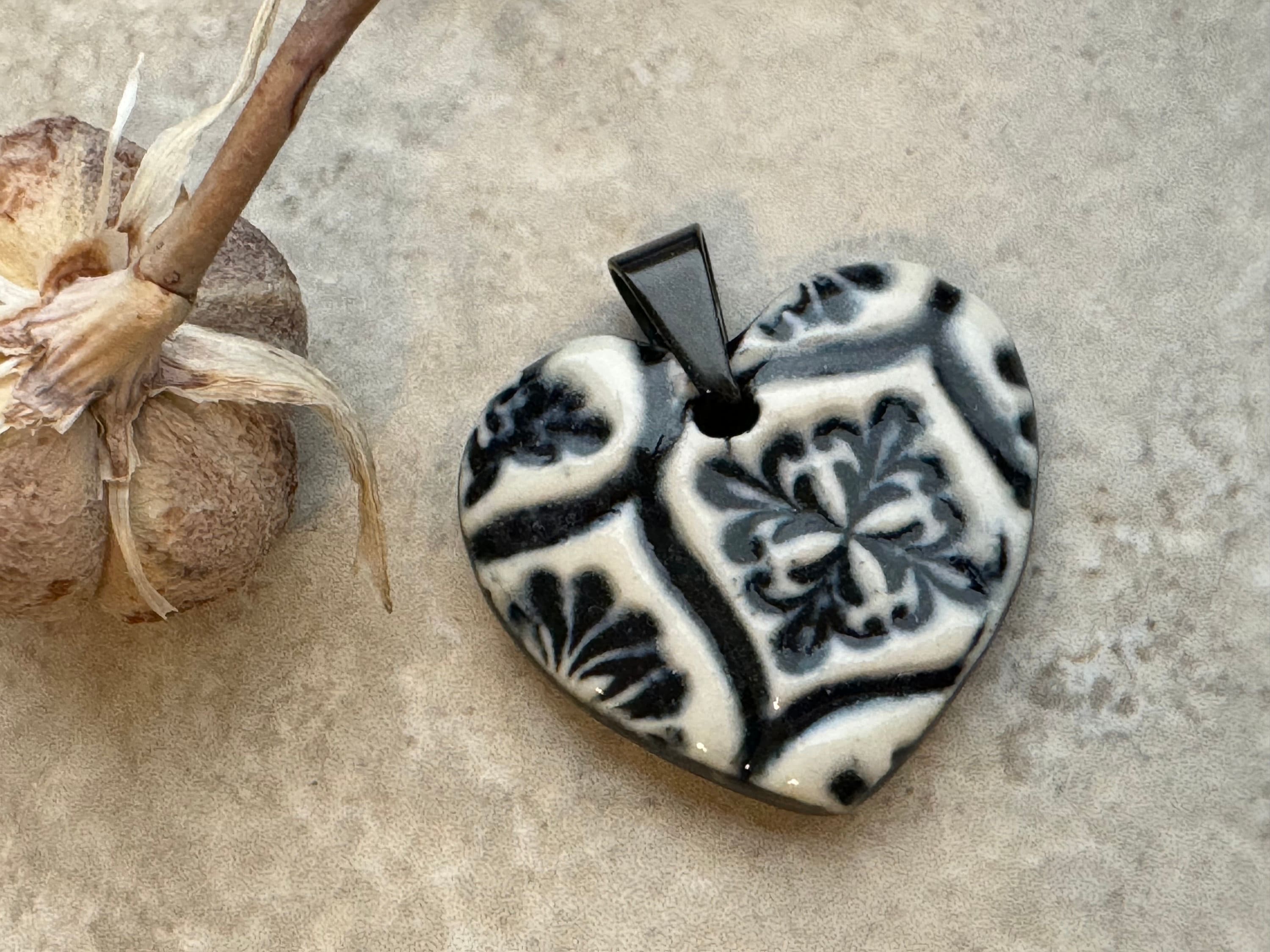 Black and White Heart, Talavera Heart, Heart Pendant, Porcelain Ceramic Pendant, Artisan Pendant, Jewelry Making Components